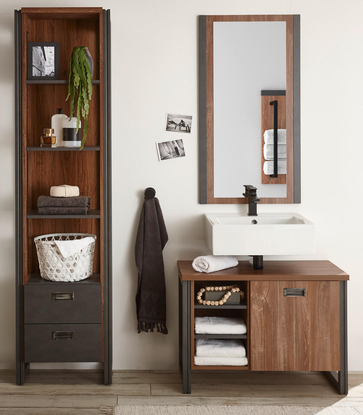 BADMÖBEL-SET 3-teilig Eiche Stirling, Matera grau, Badkombination 140 x 205 cm - Eichefarben/Silberfarben, Holzwerkstoff/Metall (140/205/40cm) - Furn.Design