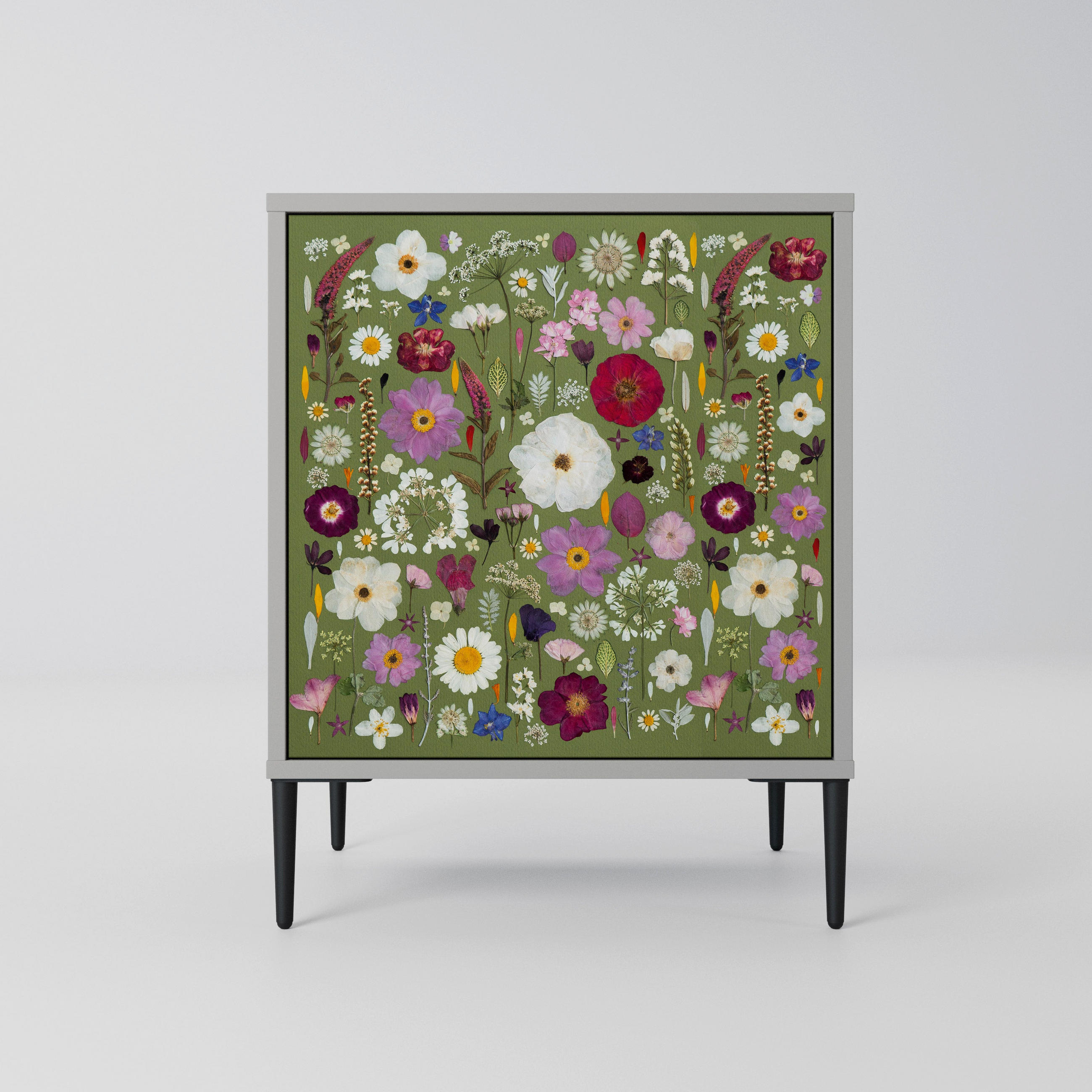 SIDEBOARD WILD GARDEN, Grau, 57,5x42x72,5 cm, Schwarze Metallfüße - Multicolor/Schwarz, Holzwerkstoff/Metall (57.5/72.5/42cm) - SpaceRebels