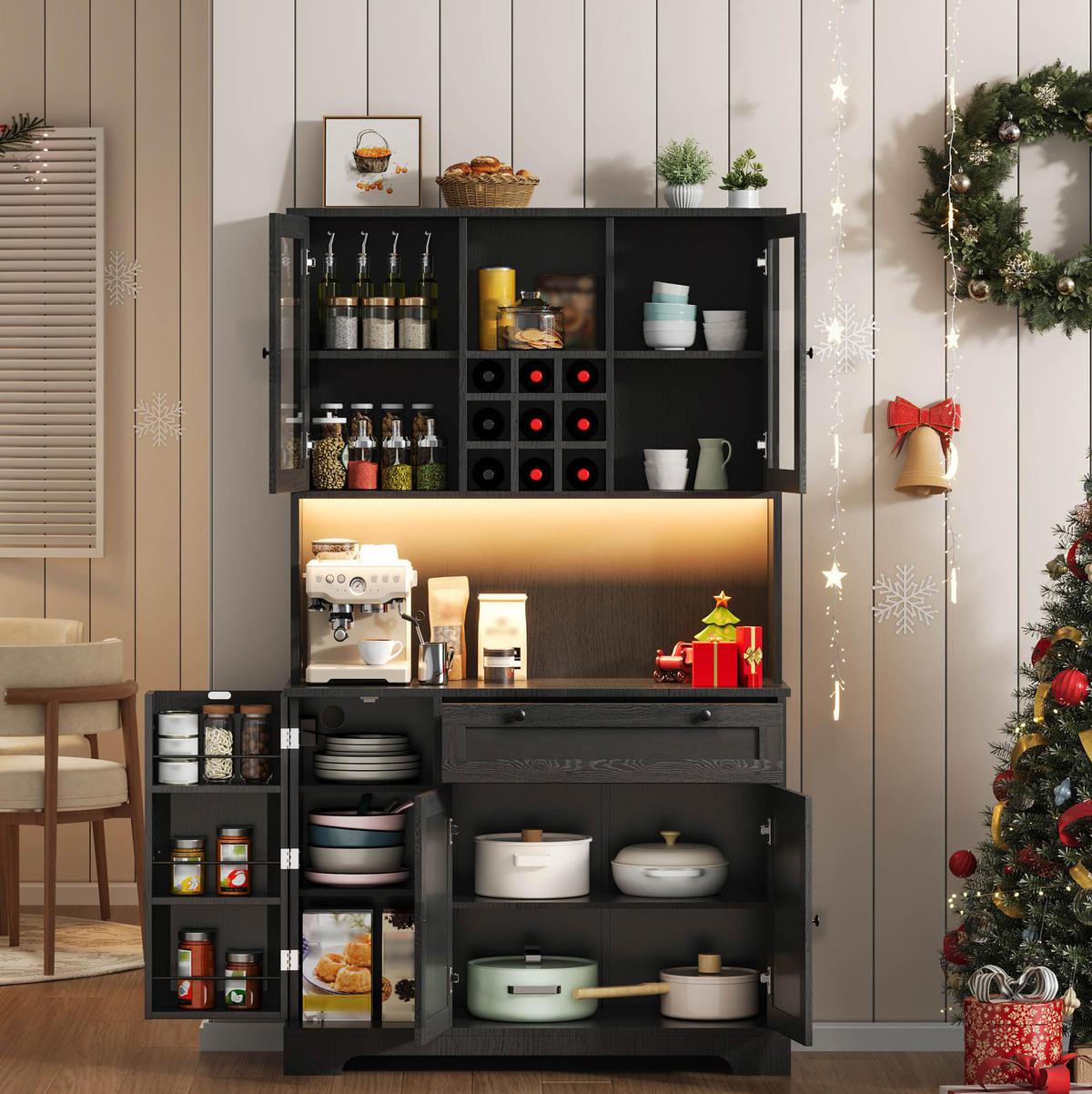 BUFFET 105/40/180 cm aus MDF mit LED-Beleuchtung und Steckdosenleiste Schwarz - Schwarz, Holzwerkstoff (105/180/40cm) - Modenvie