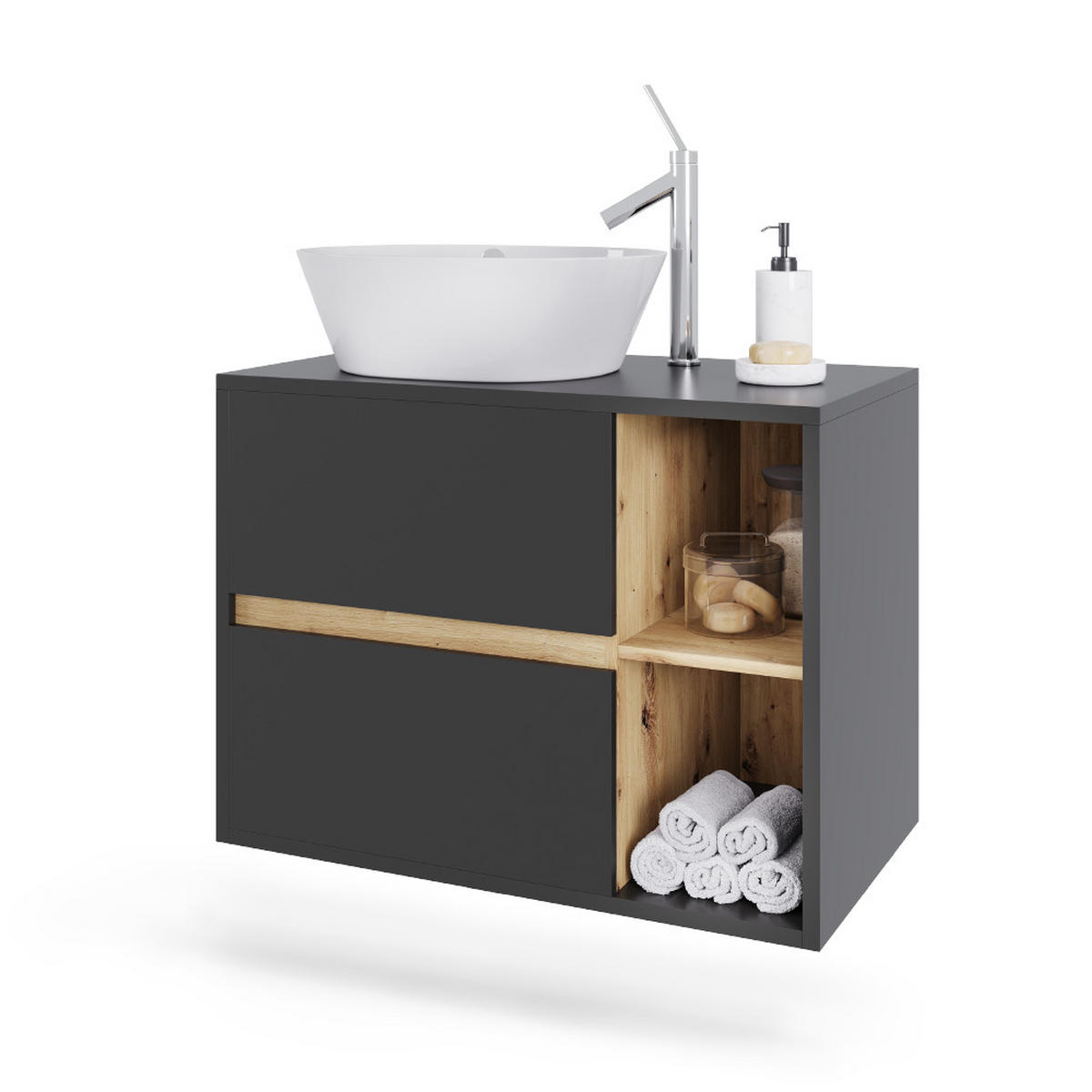 WASCHBECKENUNTERSCHRANK Viola Grau/Artisan 80 x 60 cm mit 2 Schubladen - Eiche Artisan/Grau, Holzwerkstoff (80/60/46cm) - Vicco