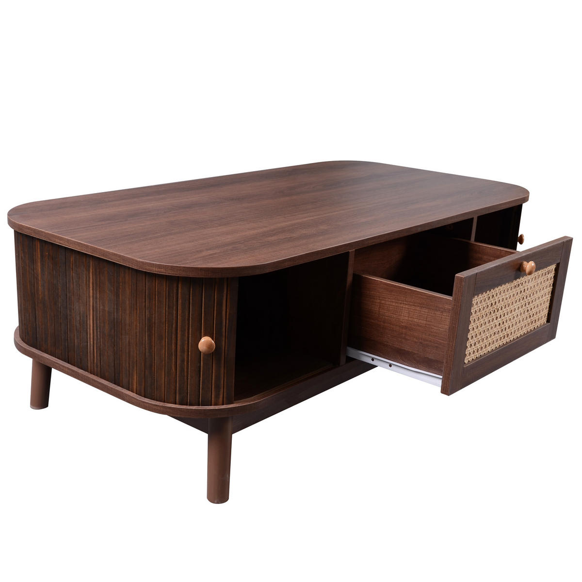 COUCHTISCH in Walnussfarben mit Schubladen und Schiebetüren für Wohnzimmer, B110/T55/H38,5 cm - Walnussfarben, Holzwerkstoff (55/110/38.5cm) - STILVORA