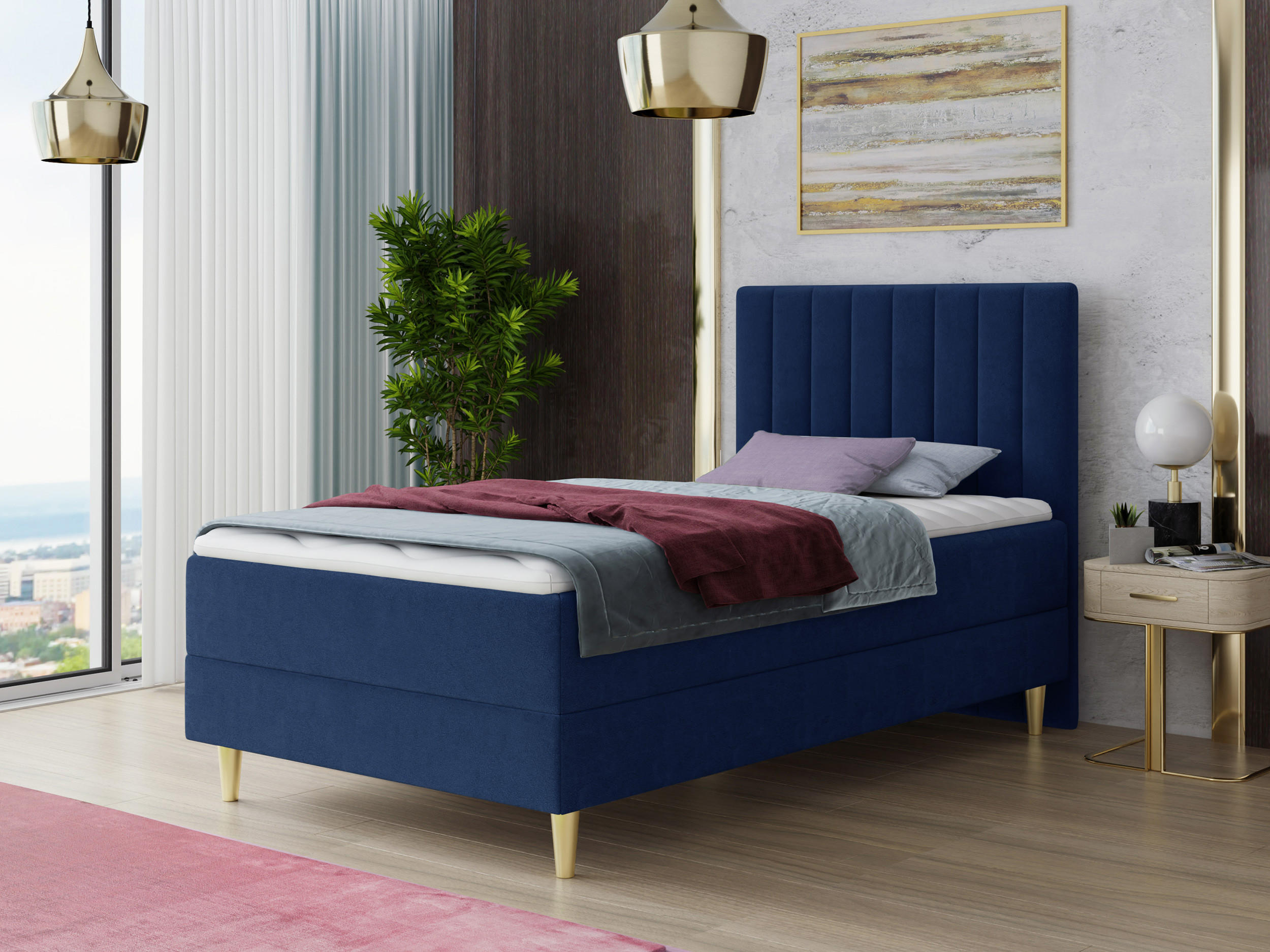 BOXBETT Gold Mini - 100x200 - Blau (Manila 26, Velvet) - Blau/Gelb, Holz/Holzwerkstoff (100/200cm) - Sofnet