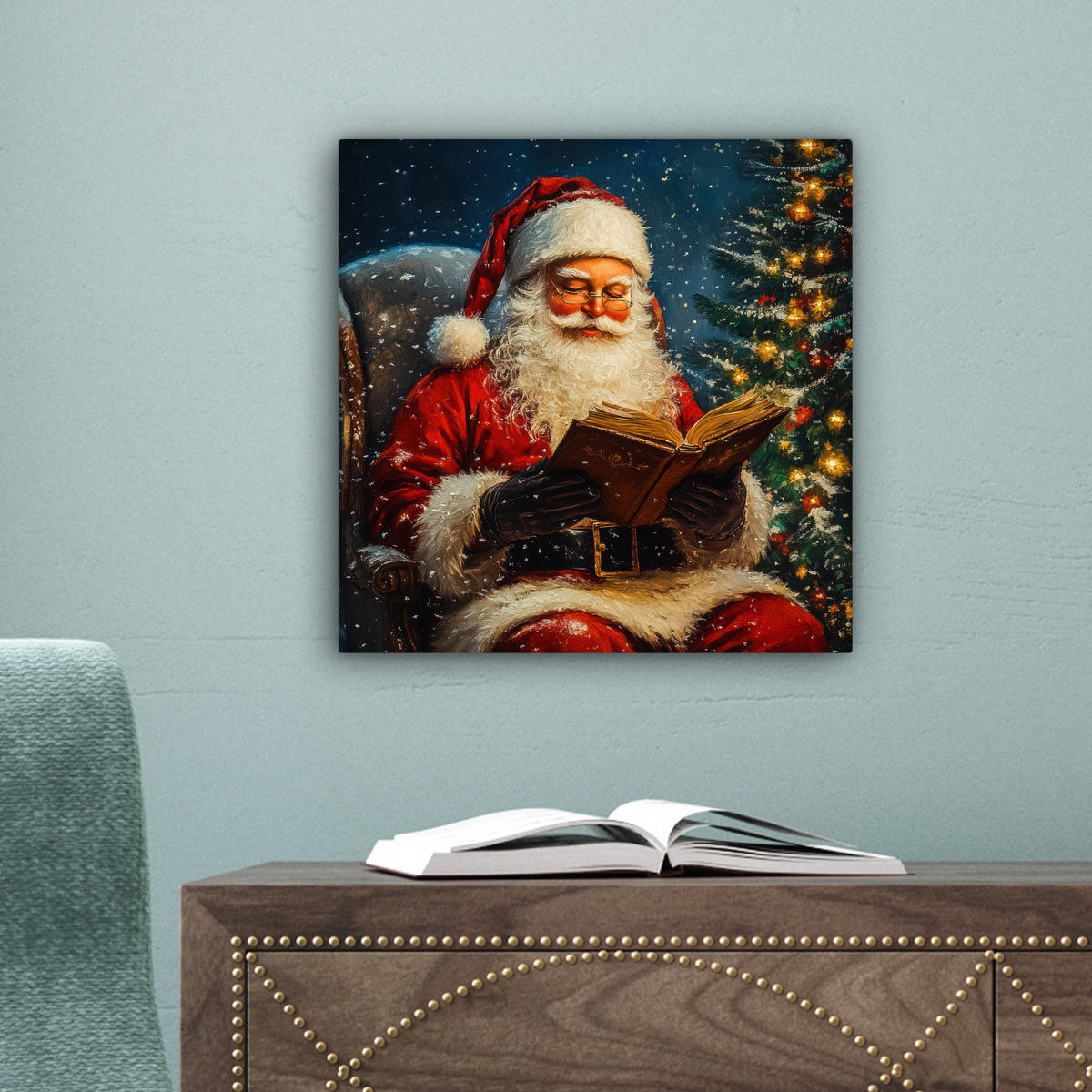 LEINWANDBILD Weihnachtsmann - Weihnachten - Winter - Weihnachtsbaum Deko Wohnzimmer 20x20 cm - Bordeaux, Textil (20/20cm) - MuchoWow