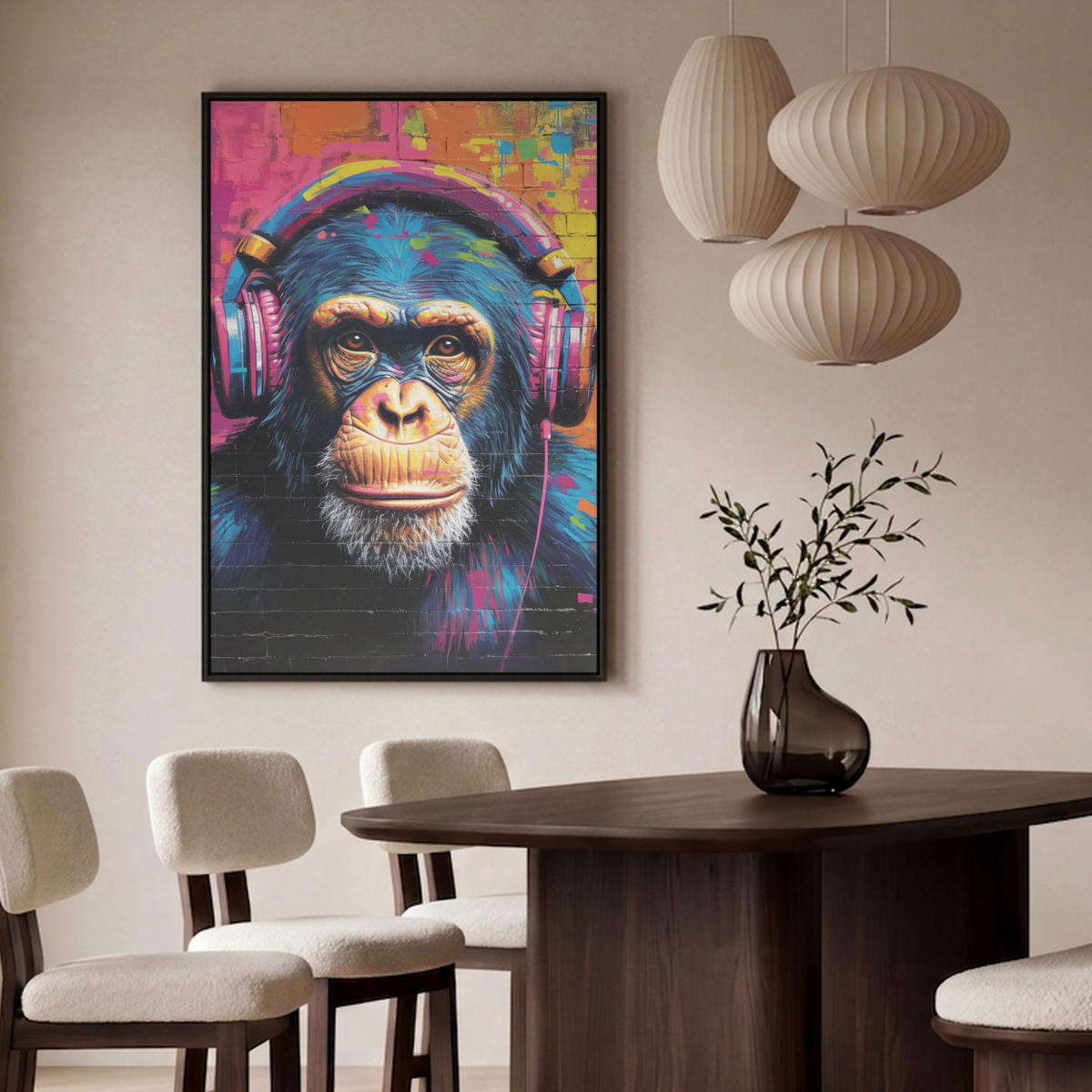 LEINWAND Bilder mit Rahmen - Graffiti - Schimpanse - Straßenkunst - Kopfhörer - Affe - 100x150 - Blau, Textil (100/150cm) - MuchoWow