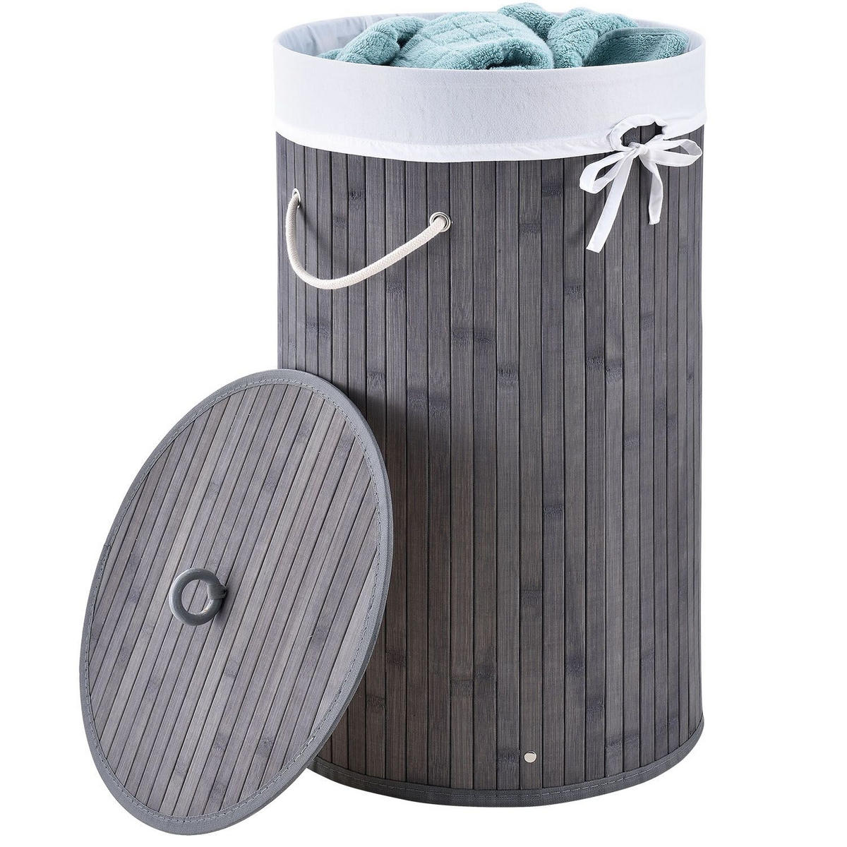 WÄSCHEKORB Curly-Round 55 L grau - Grau, Holz (35/60/35cm) - Juskys