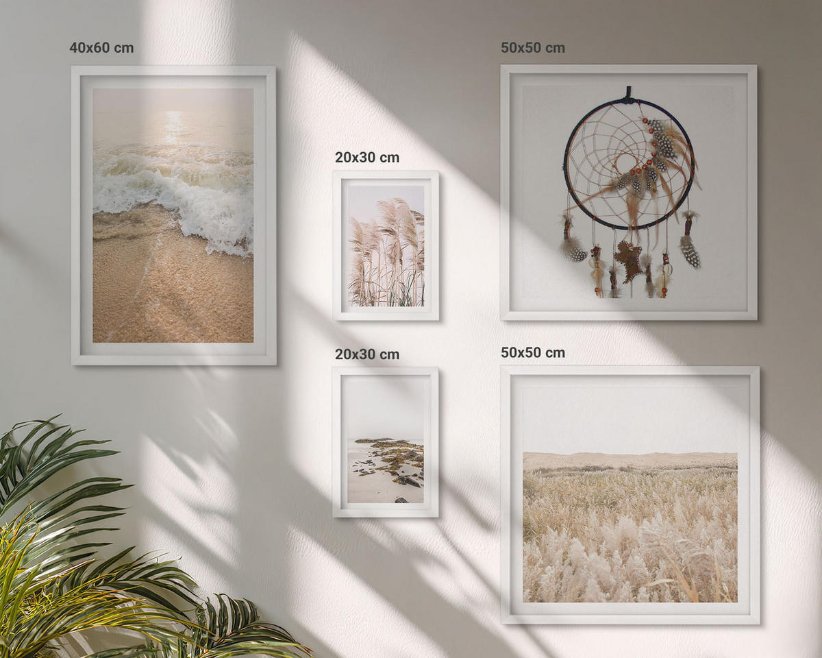 WANDBILDER 5er-Set - 50x50 cm & 20x30 cm & 40x60 cm Weißer Rahmen - Strandgras, Wellen, Steine, Boho-Stil - Weiß, Kunststoff (40/60cm) - ArtPrintCave