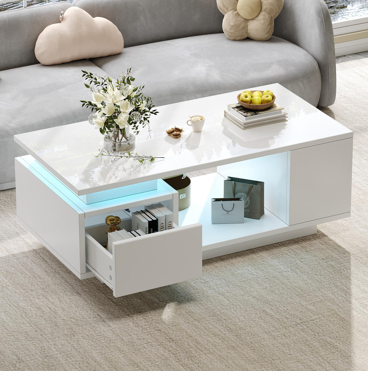 COUCHTISCH 100/50/36 cm weiß aus Spanplatte mit Schublade und LED - Weiß, Holzwerkstoff (100/50/36cm) - OKMYHOME