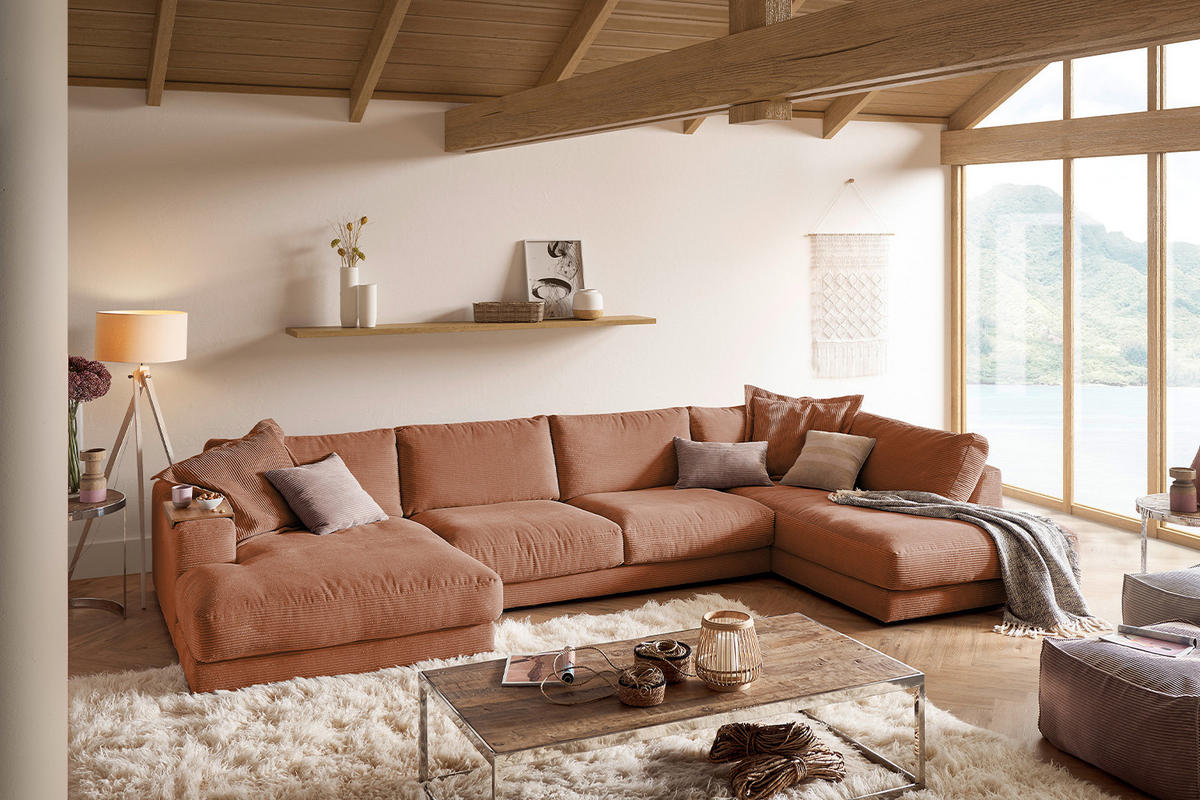 WOHNLANDSCHAFT MADELINE Braun Cord - Rotbraun/Schwarz, Kunststoff/Textil (425/86/224cm) - KAWOLA