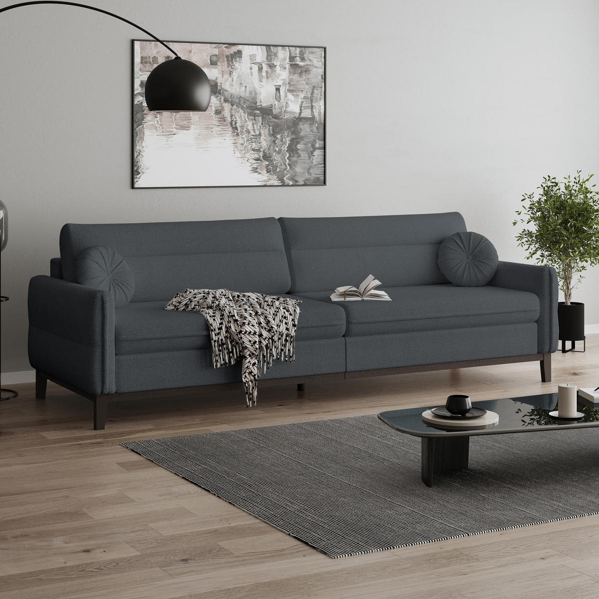 SITZGARNITUR Belweder, zwei Sofas+Sessel, Dunkelgrau, Bouclé - Wengefarben/Dunkelgrau, Holz/Textil (268/95/94cm) - Beautysofa