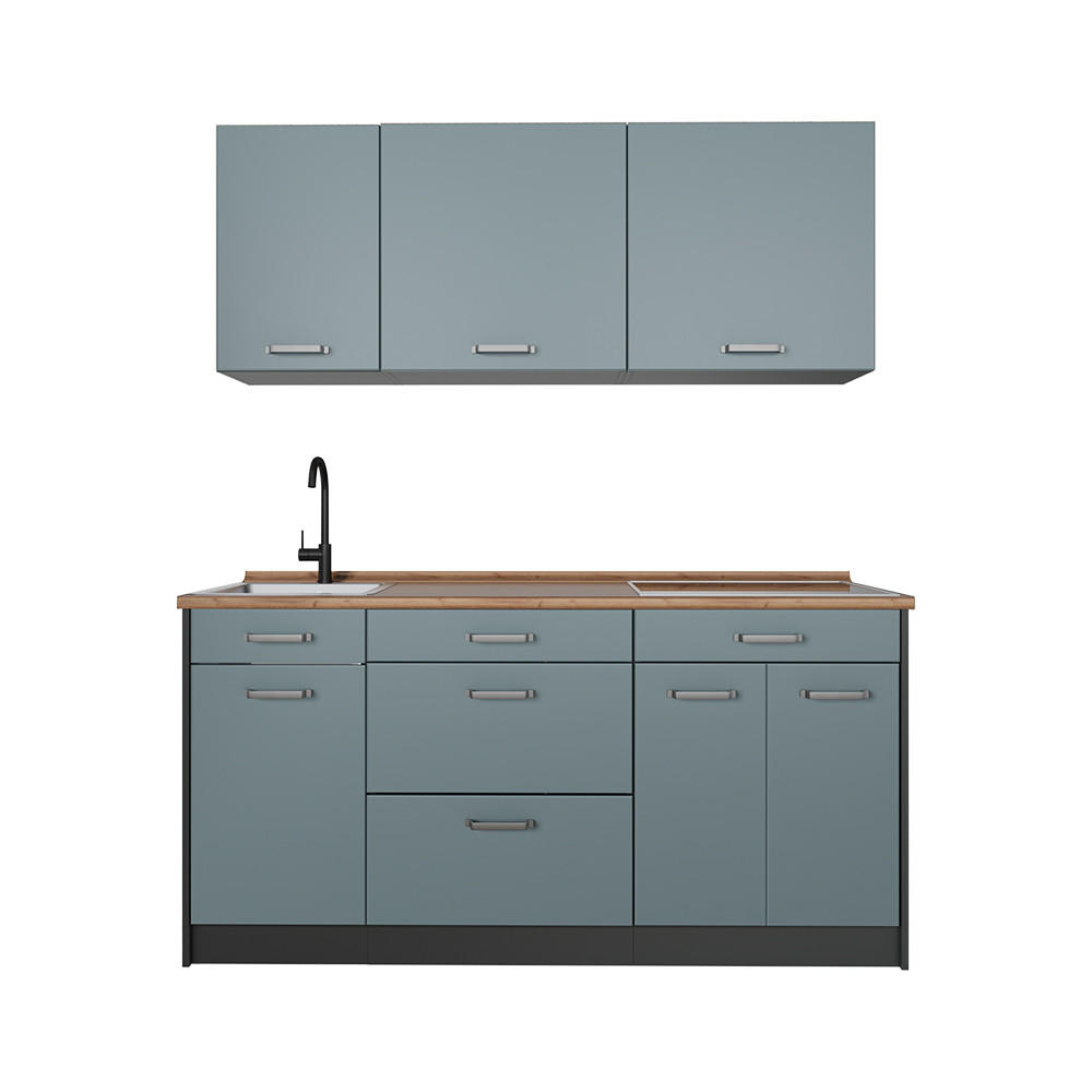Vicco JEDNOTKOVÁ KUCHYNĚ R-Line, Modrošedá/Antracit, 160 cm pracovná doska Dub Goldkraft