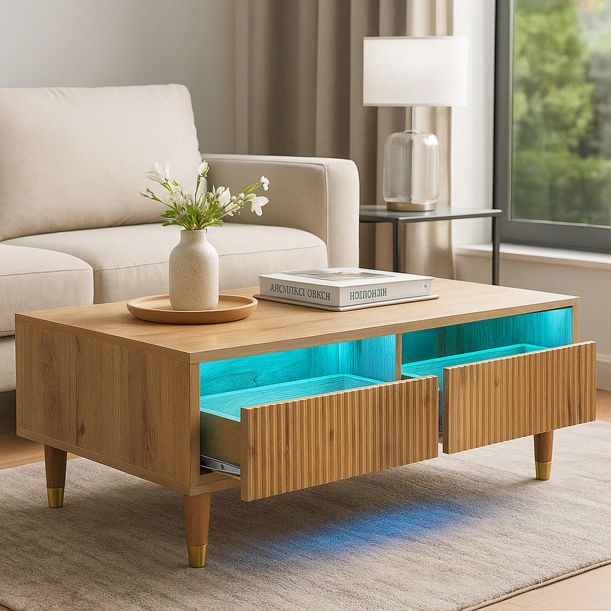 COUCHTISCH mit LED-Beleuchtung Eiche Nachbildung und 2 Schubladen - Eichefarben, Holzwerkstoff/Metall (50/110/40cm) - Urban Meuble