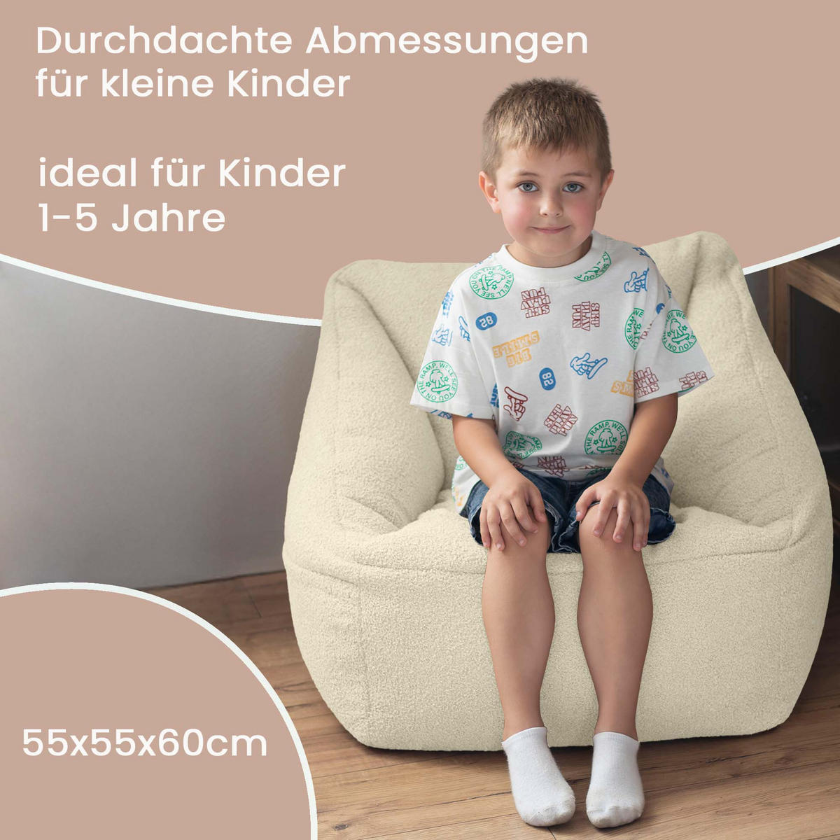 SITZSACK-SESSEL Bambino 55/60/55 cm, weicher Cord 380 g/m², mit Griff & Seitentasche, Meeresblau - Creme, Textil (55/55/60cm) - Dreamroots