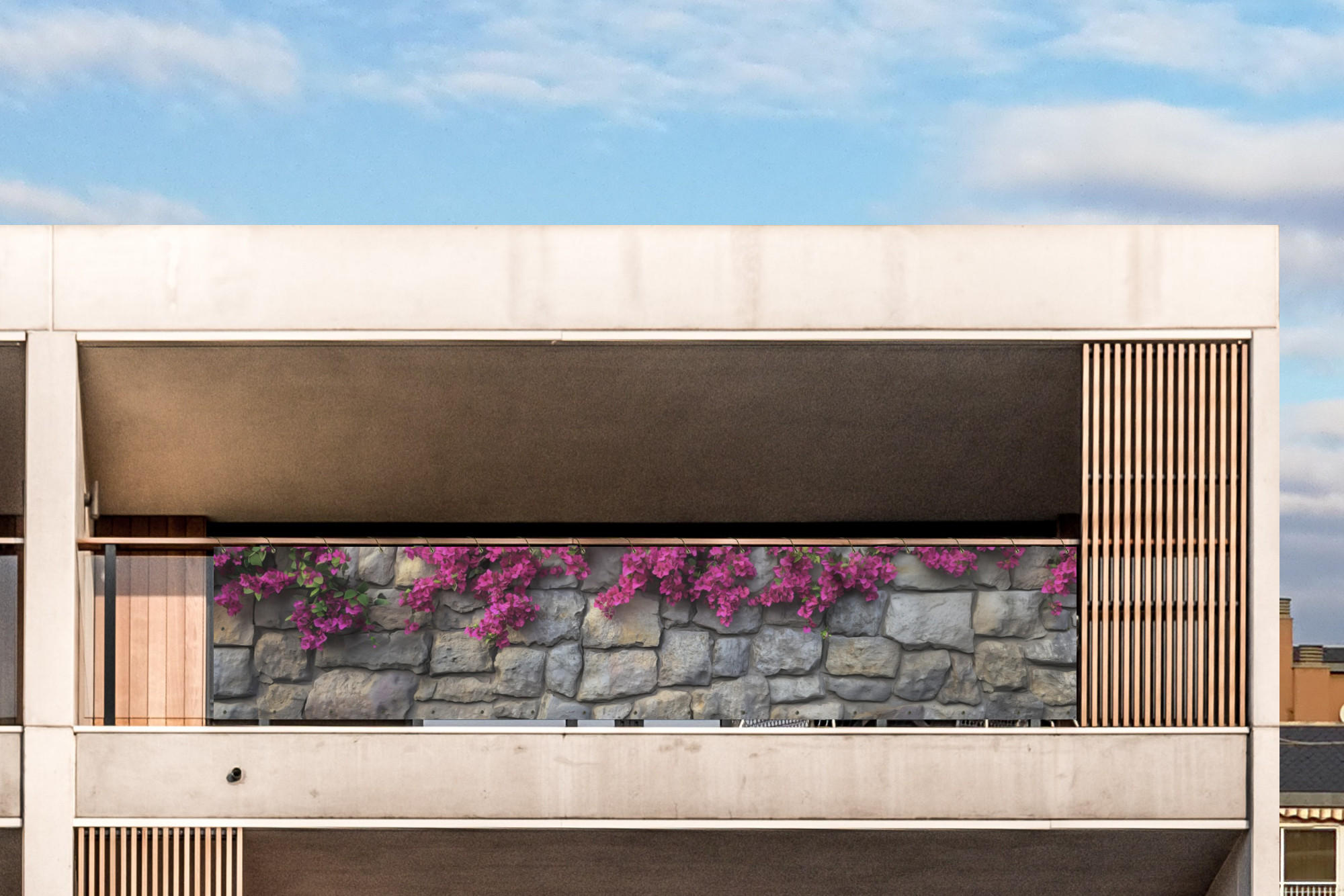 BALKON-SICHTSCHUTZ Bougainvillea - Steinmauer - Rosa - Magenta, Kunststoff (500/100cm) - MuchoWow