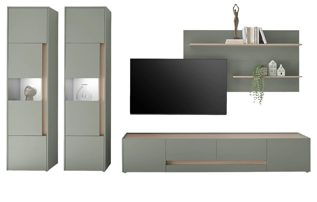 WOHNWAND Salbei grün, Eiche Barista Set 4-teilig, Wohnkombination mit XL-TV-Schrank 400 cm - Salbeigrün/Eichefarben, Glas/Holzwerkstoff (400/197/45cm) - Furn.Design