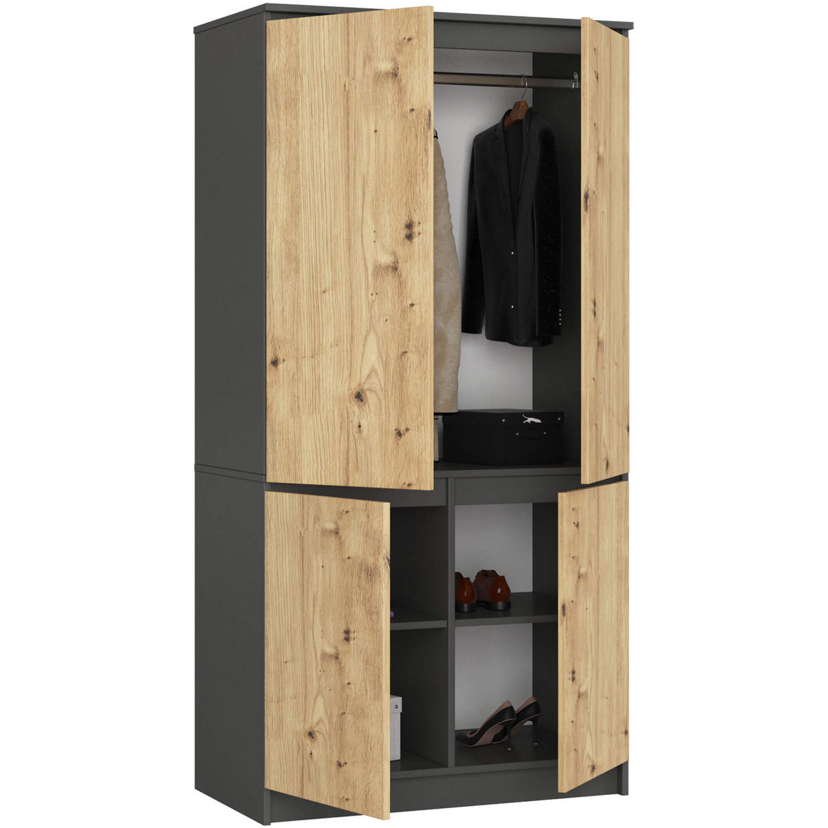 KLEIDERSCHRANK Graphit Grau, Eiche Artisan 180/90/51 - Eiche Artisan/Grau, Holzwerkstoff (90/180/51cm) - RAUMHIRSCH FURNITURE