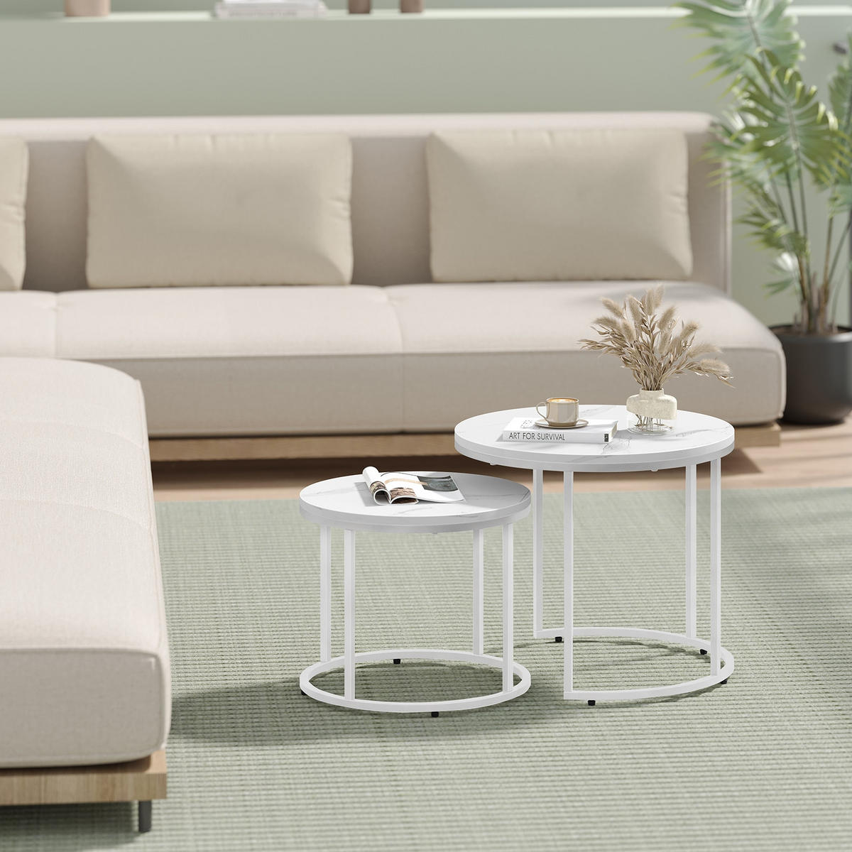 COUCHTISCH 2er Set rund marmor - Weiß, Holzwerkstoff (53/53/45cm) - Mat-Haus