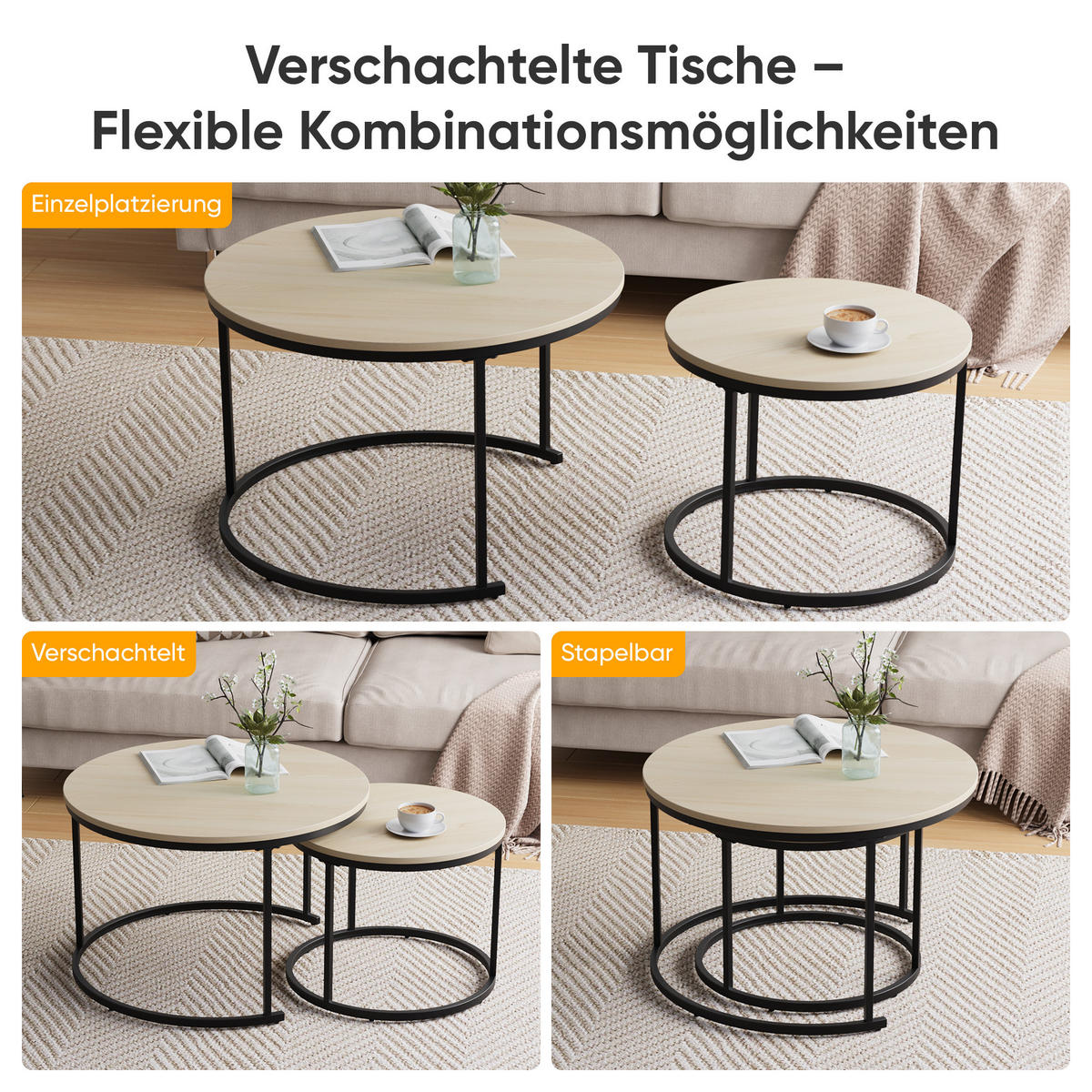 COUCHTISCH-SET 2-teilig rund mit Metallgestell, Eiche - Eichefarben, Metall (70/70/45cm)