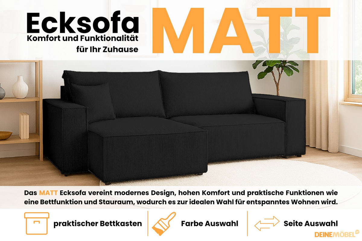 ECKSOFA MATT 255/153 cm links in Cord Schwarz - Schwarz, Holz/Holzwerkstoff (255/153cm) - Deine Möbel 24