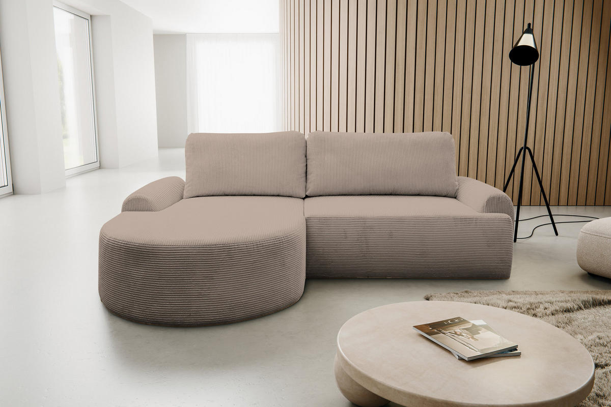 ECKSOFA Dream Cord in L-Form mit Schlaffunktion und Bettkasten, Farbe: Braun, Cordstoff, Ottomane Links - Braun, Textil (136/260cm) - VENASI MÖBEL