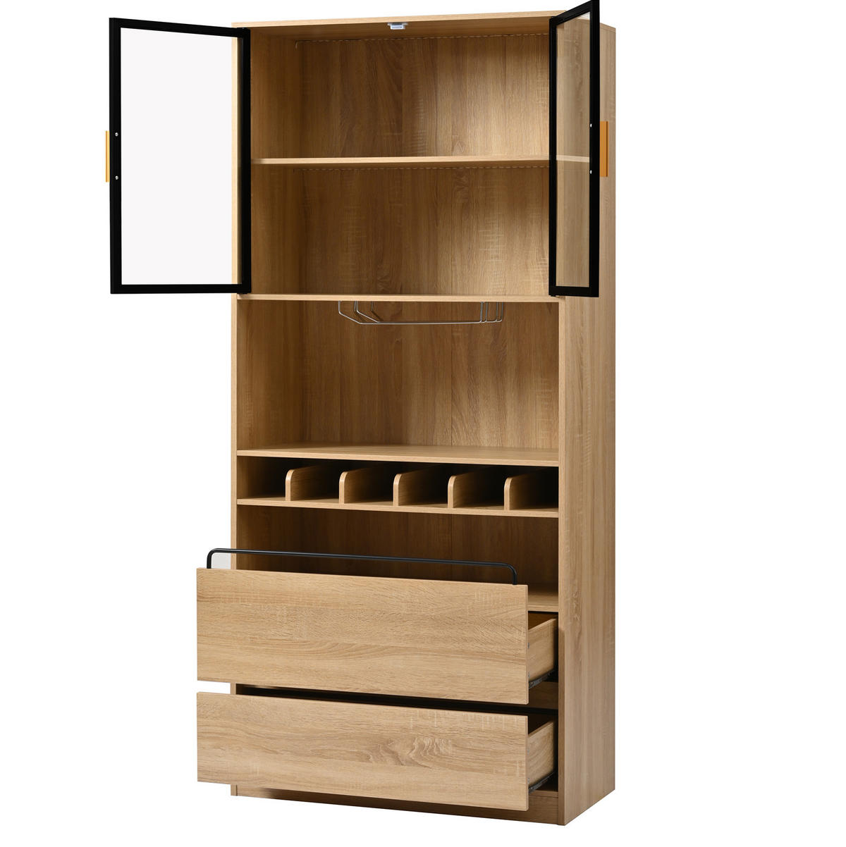 VITRINE 180 cm aus MDF mit Glastüren und LED-Beleuchtung Natur - Naturfarben, Holzwerkstoff (80/180/40cm) - Modenvie