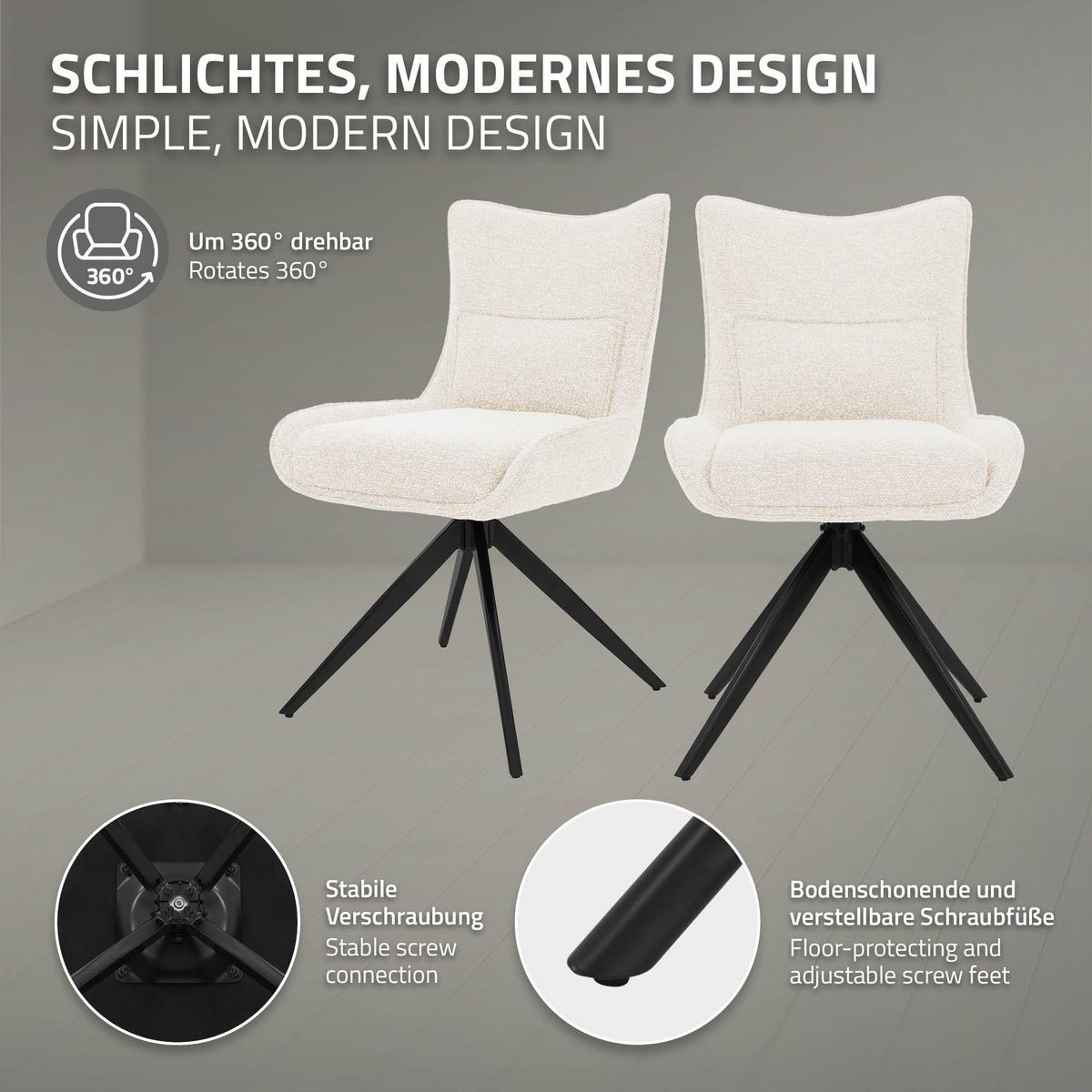 ESSZIMMERSTÜHLE 2er Set drehbar Küchenstühle gepolstert mit Webstoff-Bezug Beige - Beige/Schwarz, Textil/Metall (54/90/64cm) - ML-DESIGN