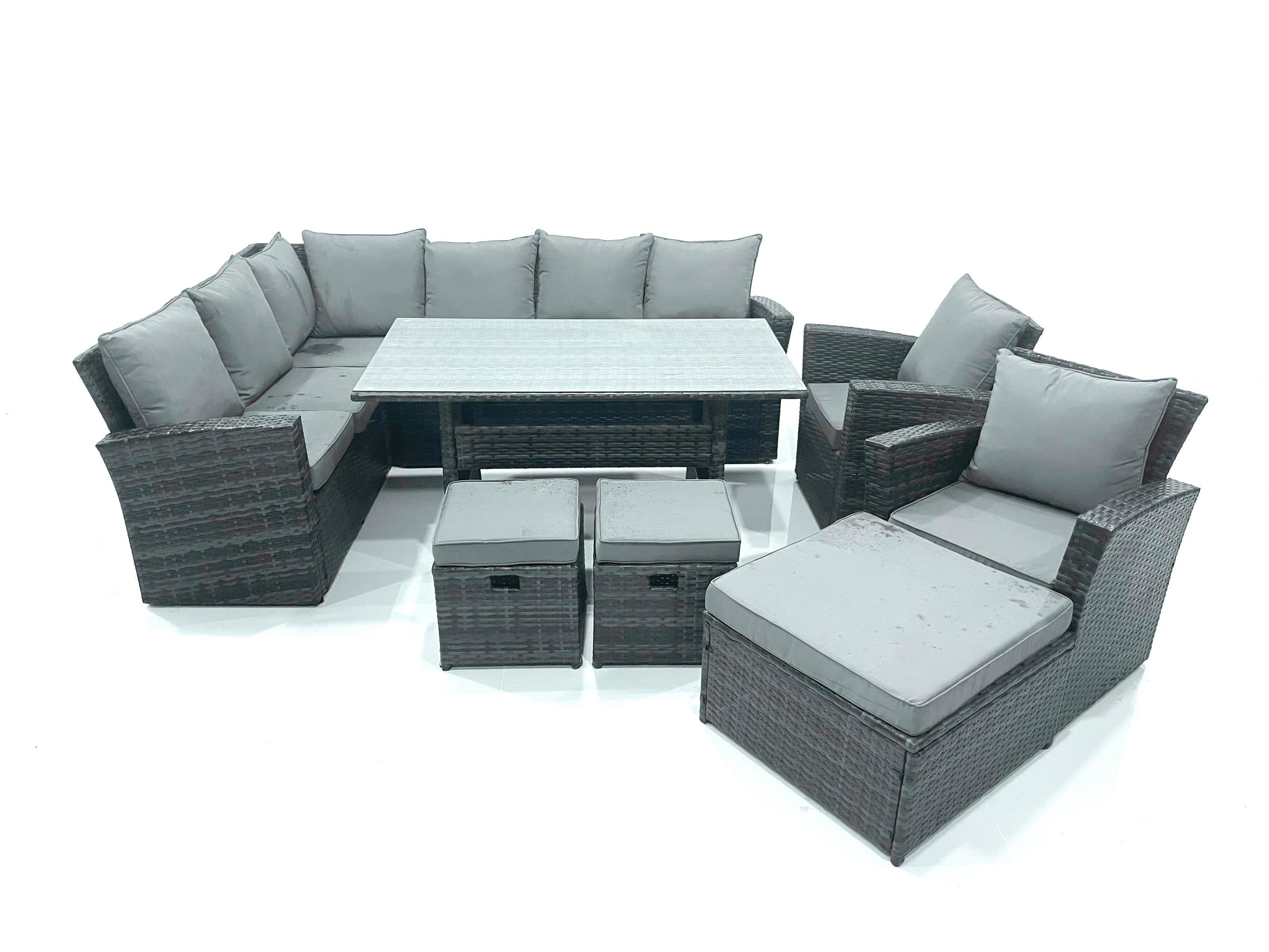 GARTENLOUNGE mit Ecksofa Polyrattan Dunkelgrau 11-Sitzer - Dunkelgrau/Grau, Glas/Kunststoff - Fimous