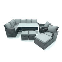 GARTENLOUNGE mit Ecksofa Polyrattan Dunkelgrau 11-Sitzer - Dunkelgrau/Grau, Glas/Kunststoff - Fimous