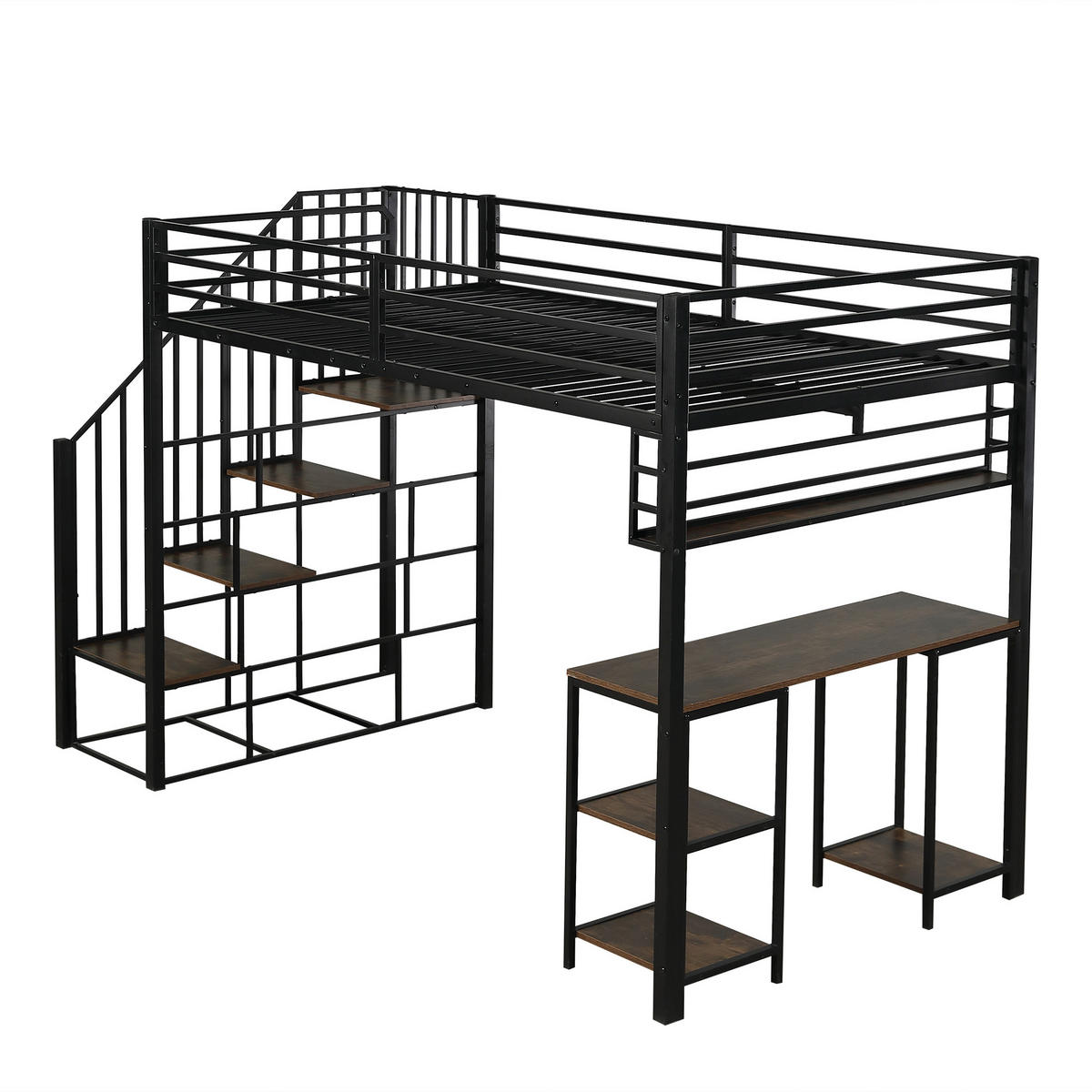 HOCHBETT 120/200 cm in Schwarz & Dunklem Walnuss mit Treppe, Schreibtisch und Regal Metall - Schwarz, Holzwerkstoff/Metall (120/200cm) - CHICFURN
