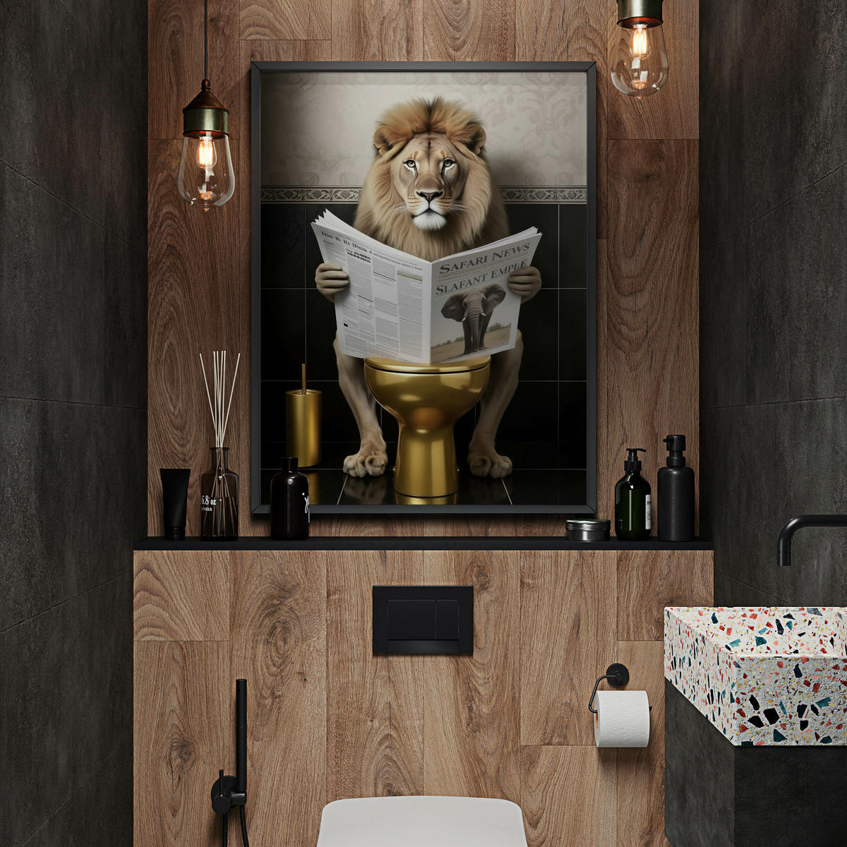 POSTER für WC Badezimmer LÖWE in Toilette Zeitung Abstraktion 30x40cm - Gelb/Beige, Papier (30/40/40cm) - Muralo
