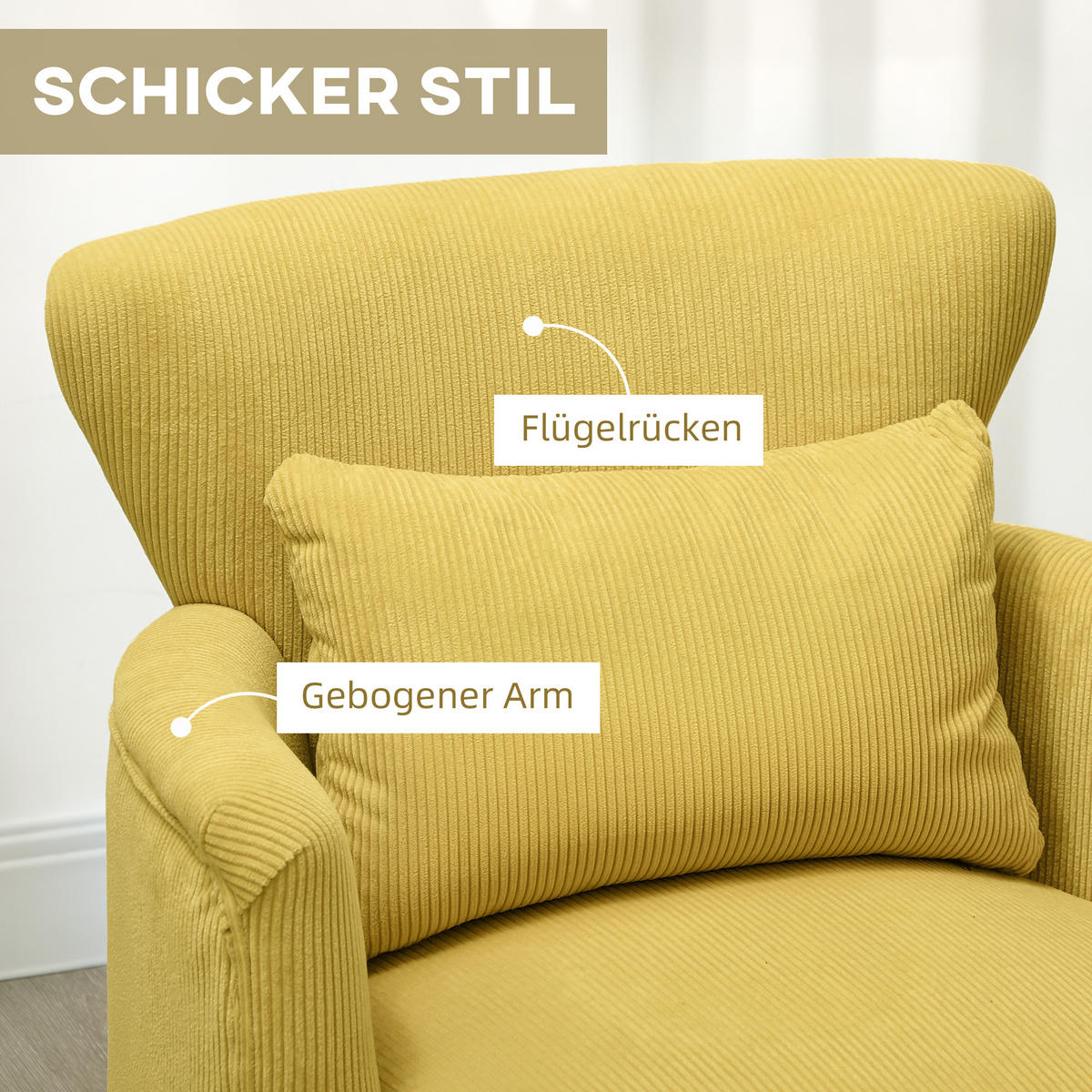 SESSEL mit Rückenlehne, abgerundeten Armlehnen Gepolstert Loungesessel Kordoptik - Gelb, Holz/Textil (69/78/69.5cm) - HOMCOM