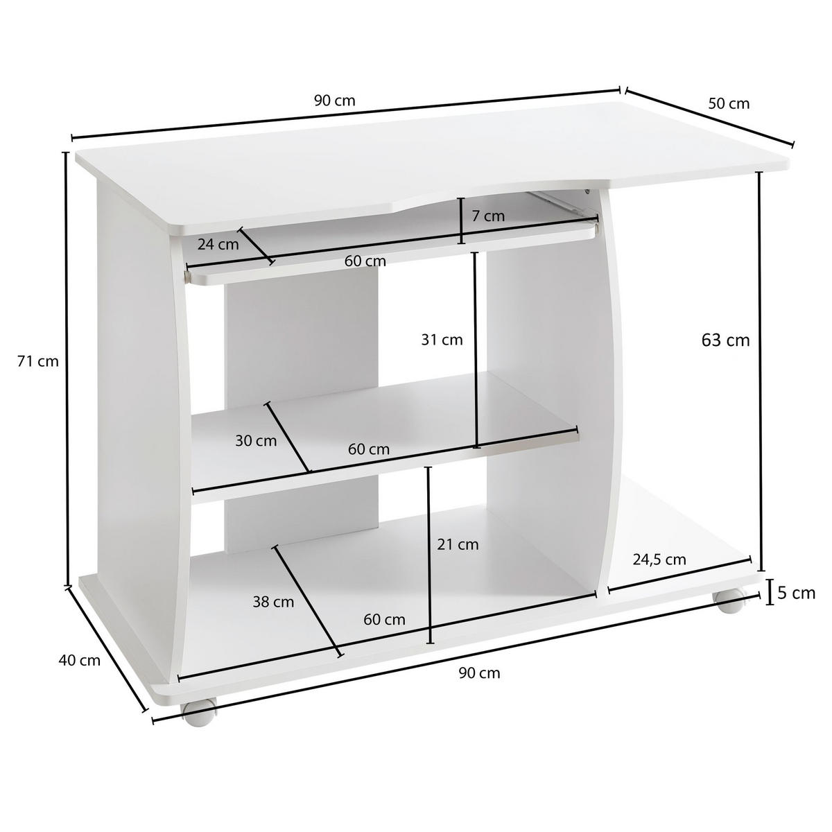 SCHREIBTISCH Computertisch Rollen 3D-Ecken, Weiß 90x50x71 cm - Weiß, Holz (50/90/71cm) - KADIMA DESIGN