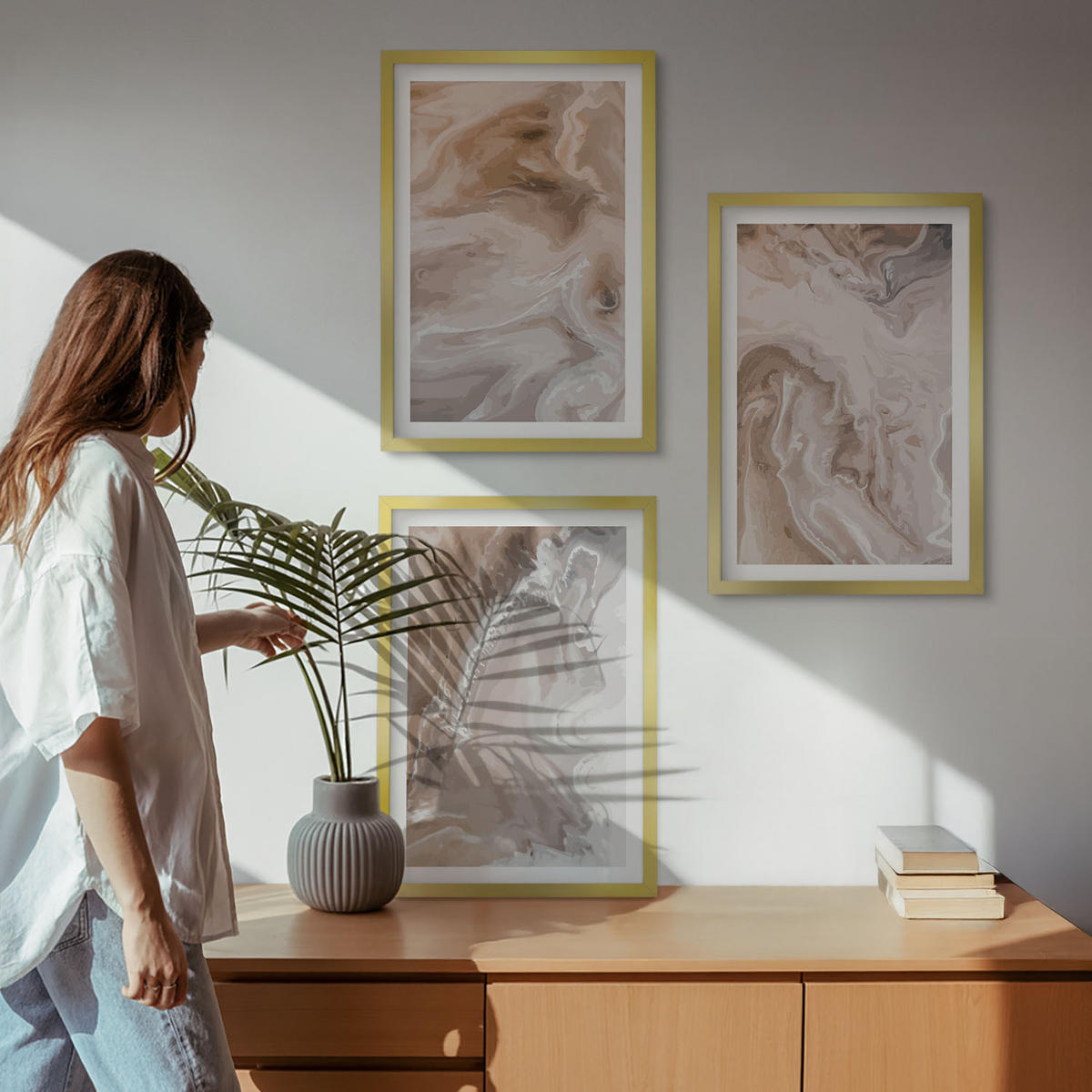 WANDBILDER 3er Set - 40x60 cm Goldrahmen - Abstrakter Marmorstein - Goldfarben, Kunststoff (40/60cm) - ArtPrintCave