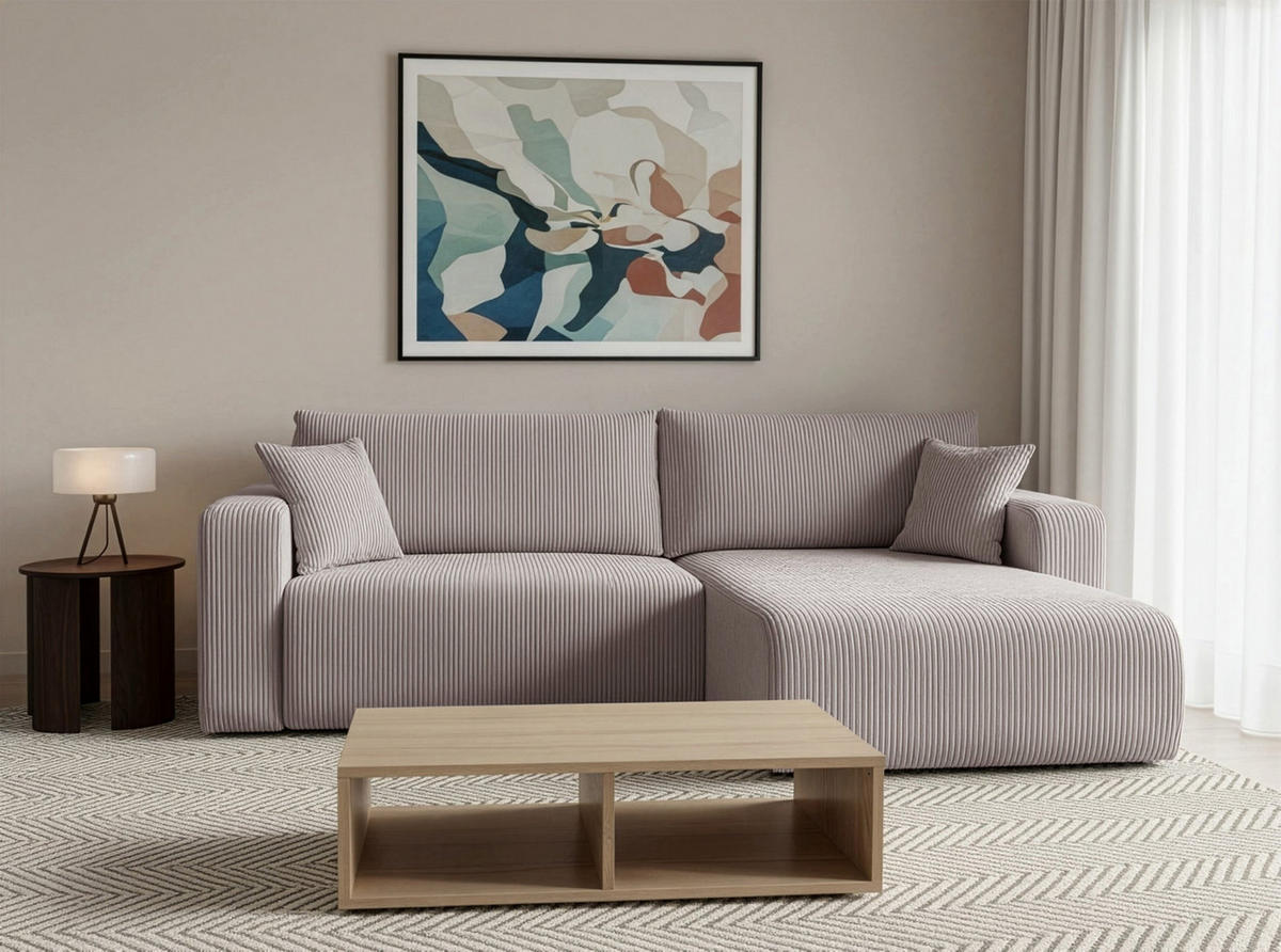ECKSOFA mit Schlaffunktion Nellio L-Form universal mit Bettkasten Beige Cord - Beige/Schwarz, Kunststoff/Textil (245/145cm) - Homebook
