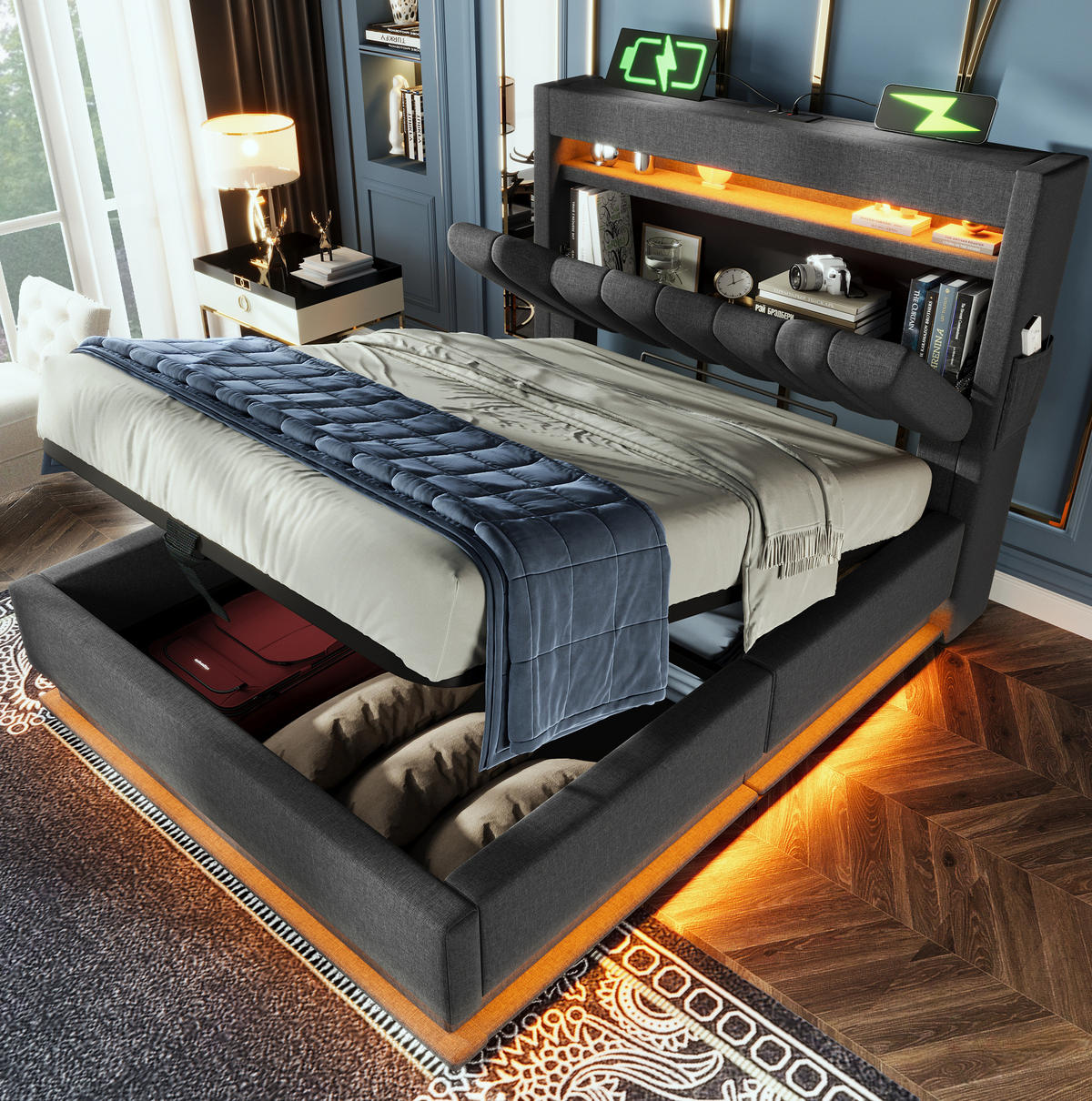 POLSTERBETT 90/200 cm Grau mit Stauraum, LED und USB- und Type-C-Anschlüssen - Grau, Textil (90/200cm) - Flora Grace
