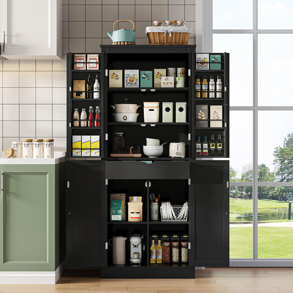GESCHIRRSCHRANK 75/40/180 cm Schwarz mit 2 Regaltüren, Staufächern und innenliegender Schublade - Schwarz, Holz (75/180/40cm) - Oxeza
