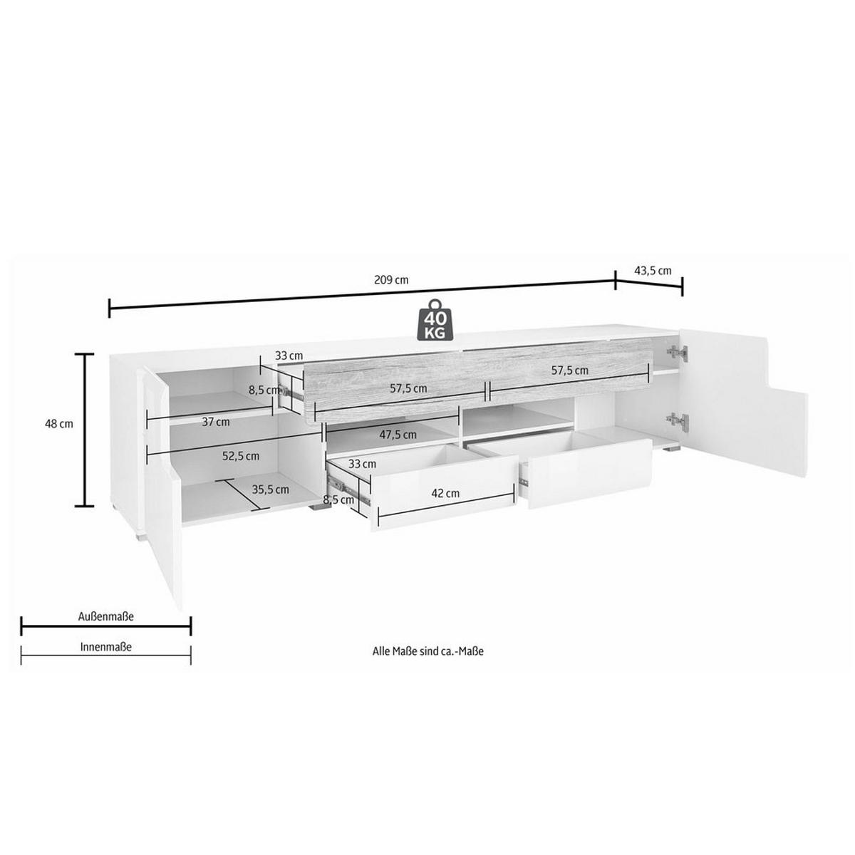 LOWBOARD Tartu weiß / weiß Hochglanz / Eiche Sanremo 208 / 39,5 / 47cm - Weiß Hochglanz/Eichefarben, Holz/Holzwerkstoff (208/47/39.5cm) - Feldmann-Wohnen