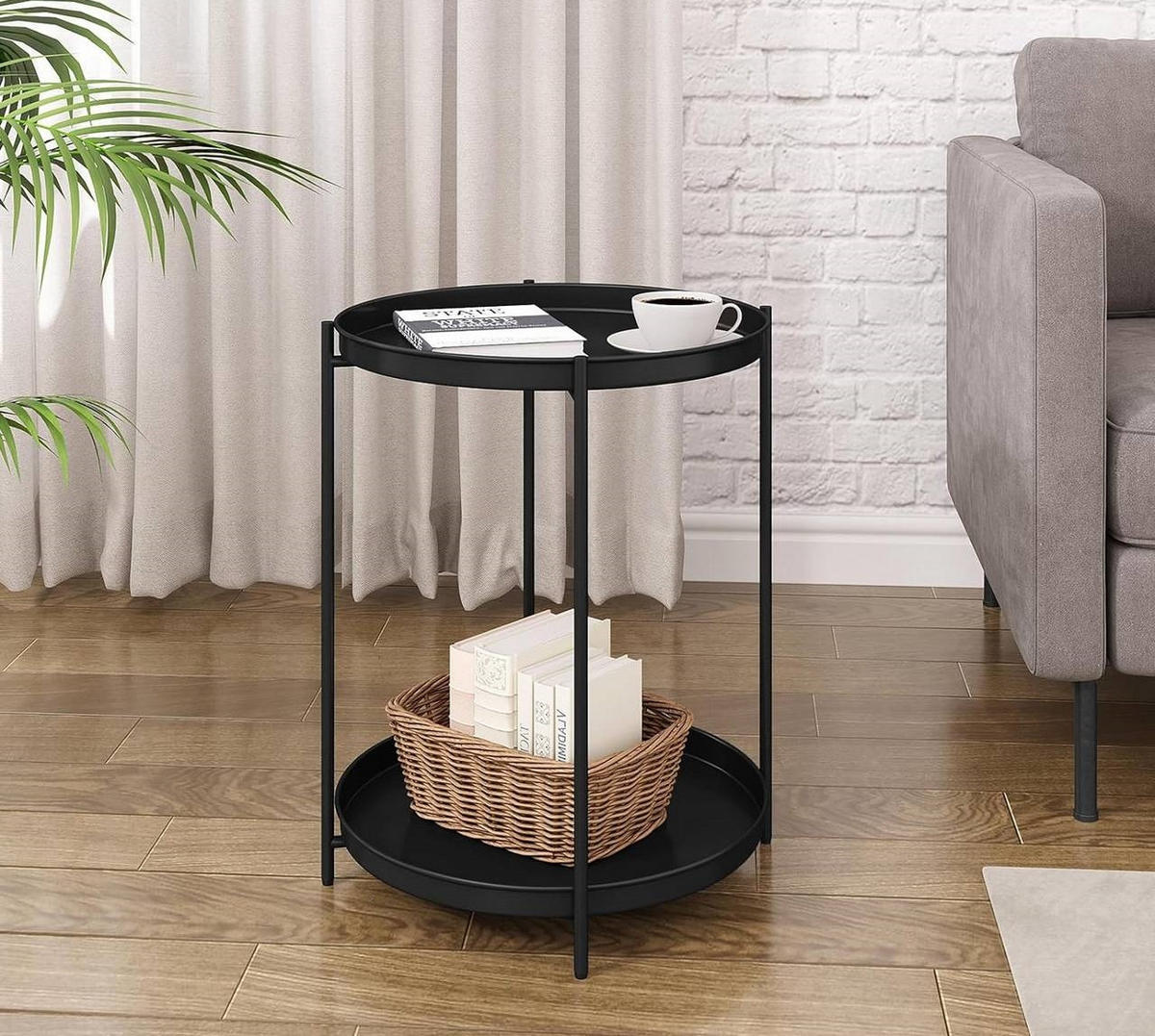 COUCHTISCH rund, mit Stauraum, Metall, Schwarz - Schwarz, Metall (44/44/53cm) - Woltu