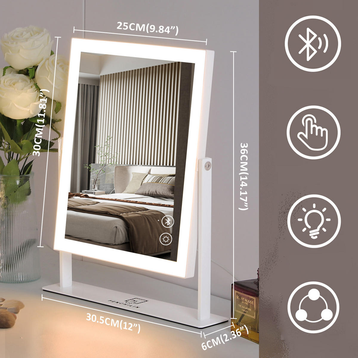 SCHMINKSPIEGEL mit LED Lichtleiste und Bluetooth Weiß 25/30 cm - Weiß, Metall (25/30/3cm) - VANITII