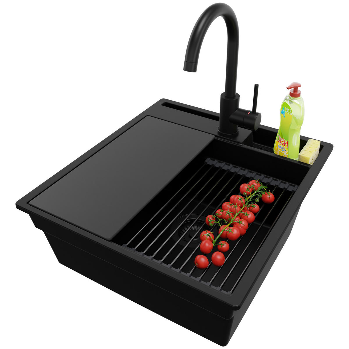 GRANITSPÜLE Oslo Pocket, 2-er set Alles Schwarz 48/53 cm 1 Becken + Küchenarmatur 32/20 cm + Ablauf-Set + Küchenzubehörset ab 50er Unterschrank - Schwarz, Kunststoff (48/20/53cm) - Primagran