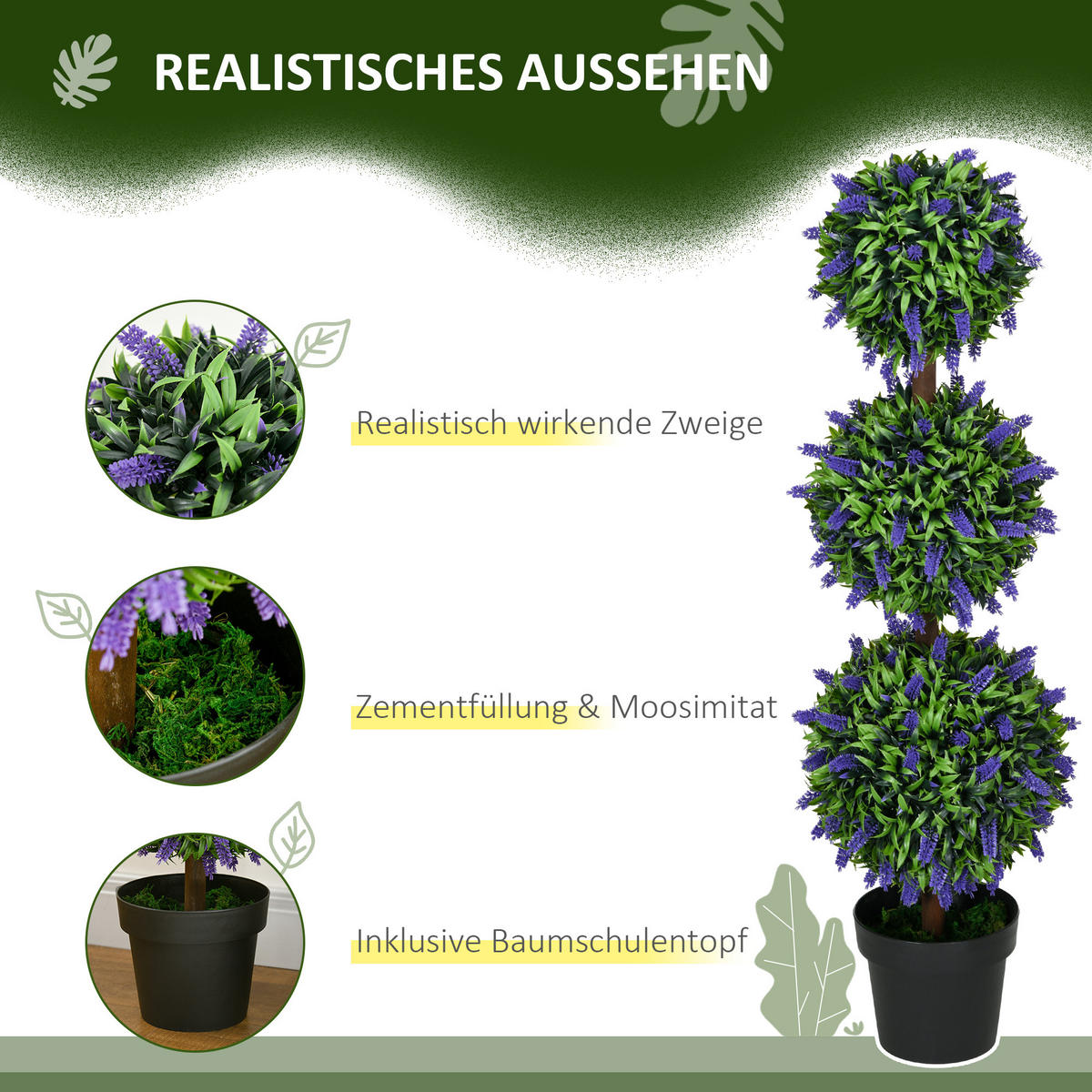 2ER-SET künstliche Lavendelbäume groß 110 cm Kunstpflanze mit 3 Kugel Grün - Grün, Kunststoff (110cm) - HOMCOM