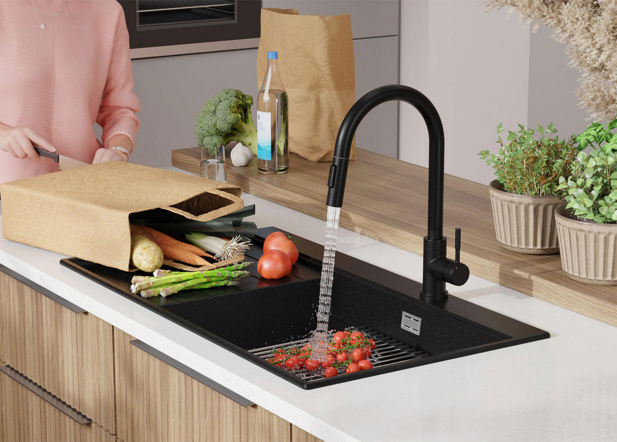 SPÜLBECKEN Sydney, 2-er set Schwarz 90/50 cm 1 Becken + Ablauf-Set + Küchenzubehörset ab 60er Unterschrank - Chromfarben/Beige, Kunststoff (90/20/50cm) - Primagran