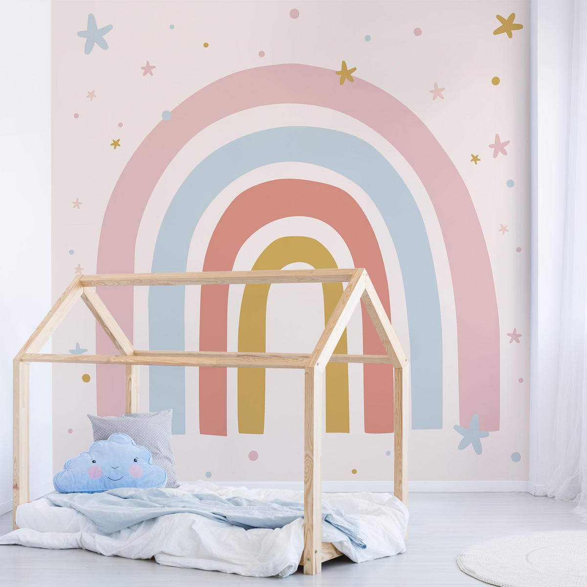 FOTOTAPETE Großer Regenbogen mit Sternen und Pünktchen 240/240 cm - Pastellblau, Papier (240/240cm) - Bilderwelten