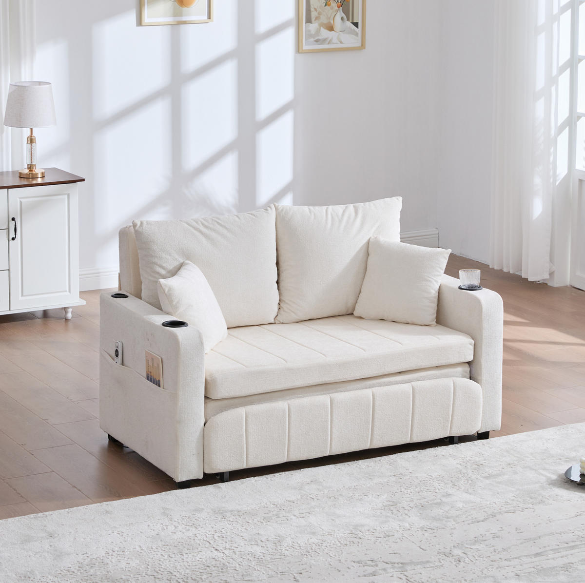 SCHLAFSOFA aus Chenille 139x83x58 cm Beige ausziehbar mit Aufbewahrungstasche und 4 Kissen - Beige, Textil (73/83/139cm) - Modfu