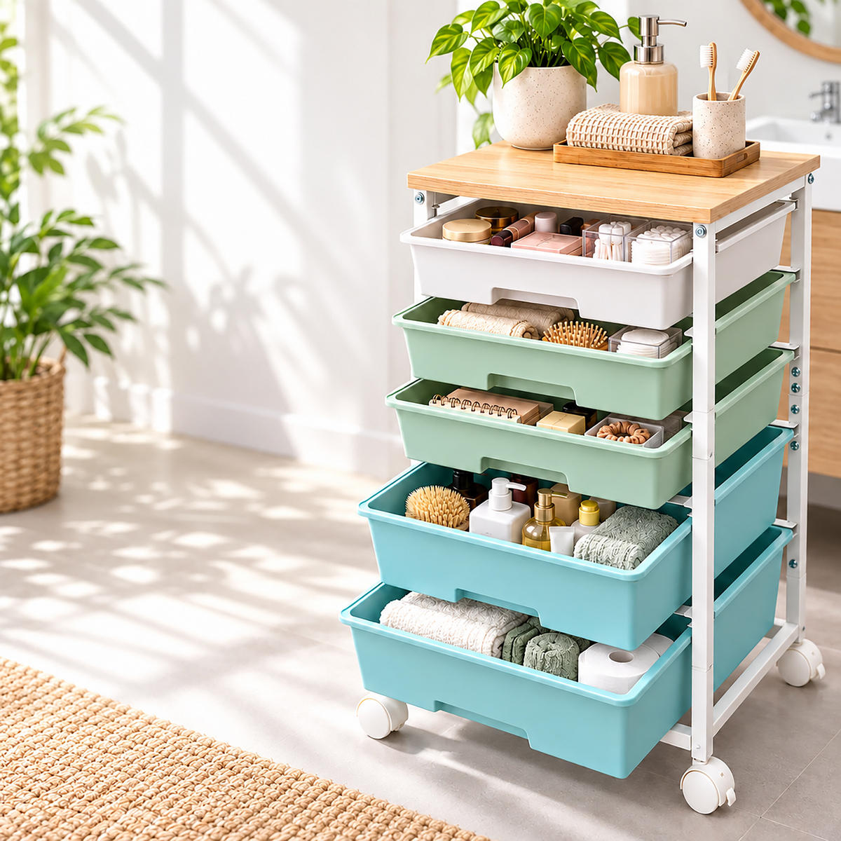 ROLLWAGEN Grün 5-Schubladen - Multicolor, Holzwerkstoff/Kunststoff (38.5/77/28.5cm) - Relaxdays