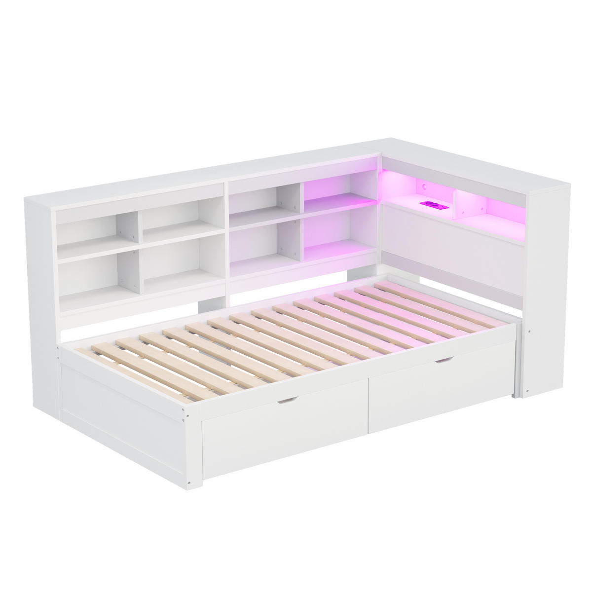BETT Massivholzsofa 90/200 cm Weiß mit USB- und Steckdose und LED-Beleuchtung - Weiß, Holzwerkstoff (90/200cm) - OKWISH