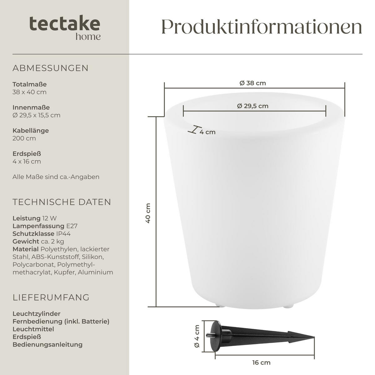 LEUCHTZYLINDER Luminous Curve Cooler, 38 x 40 cm, inkl. Erdspieß, weiß - Weiß, Kunststoff (38/38/40cm) - tectake