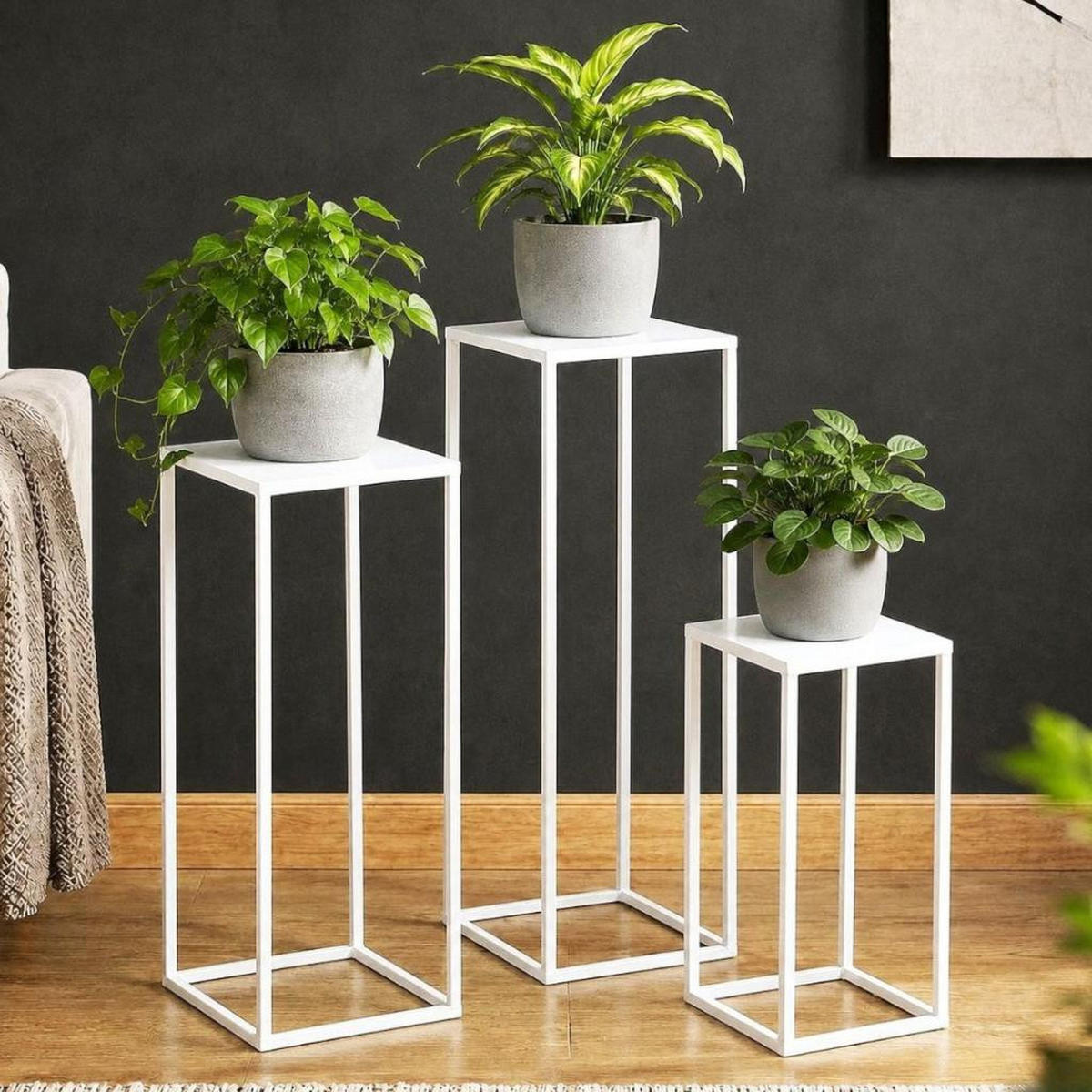 BLUMENHOCKER Metall Weiß Eckig 3er Set - Weiß, Metall (18/50/18cm) - DanDiBo