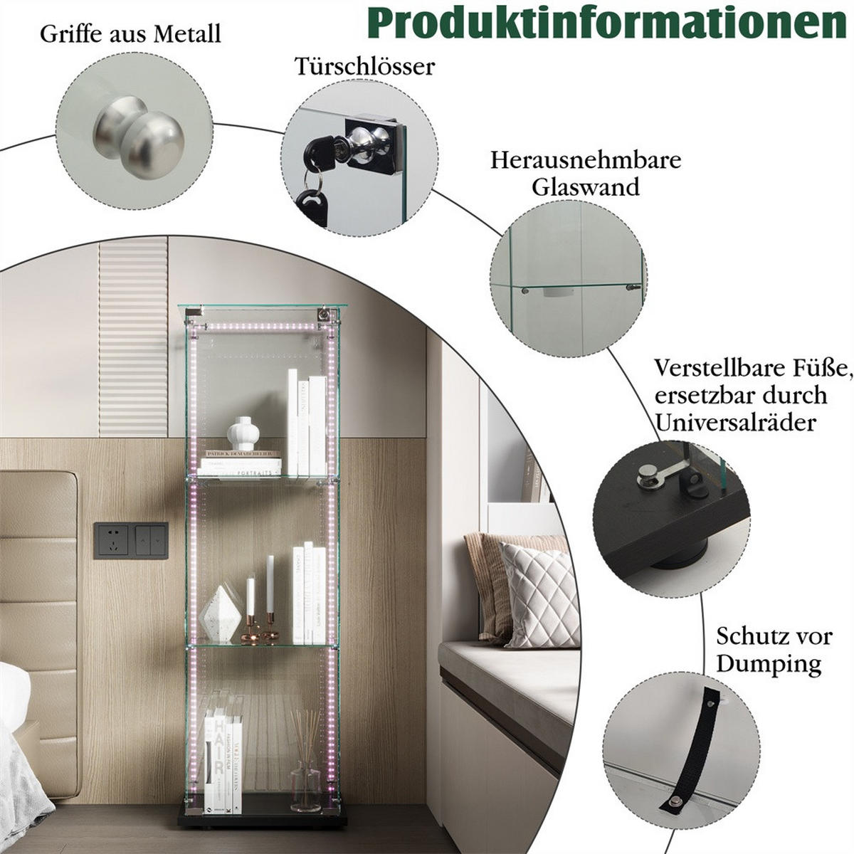 VITRINE - Glas-Vitrine mit 1 Tür - 3 Ebenen und LED-Lichtband-Beleuchtung - Schwarzer Boden - Schwarz, Glas (39.8/123.3/35cm) - DELFA