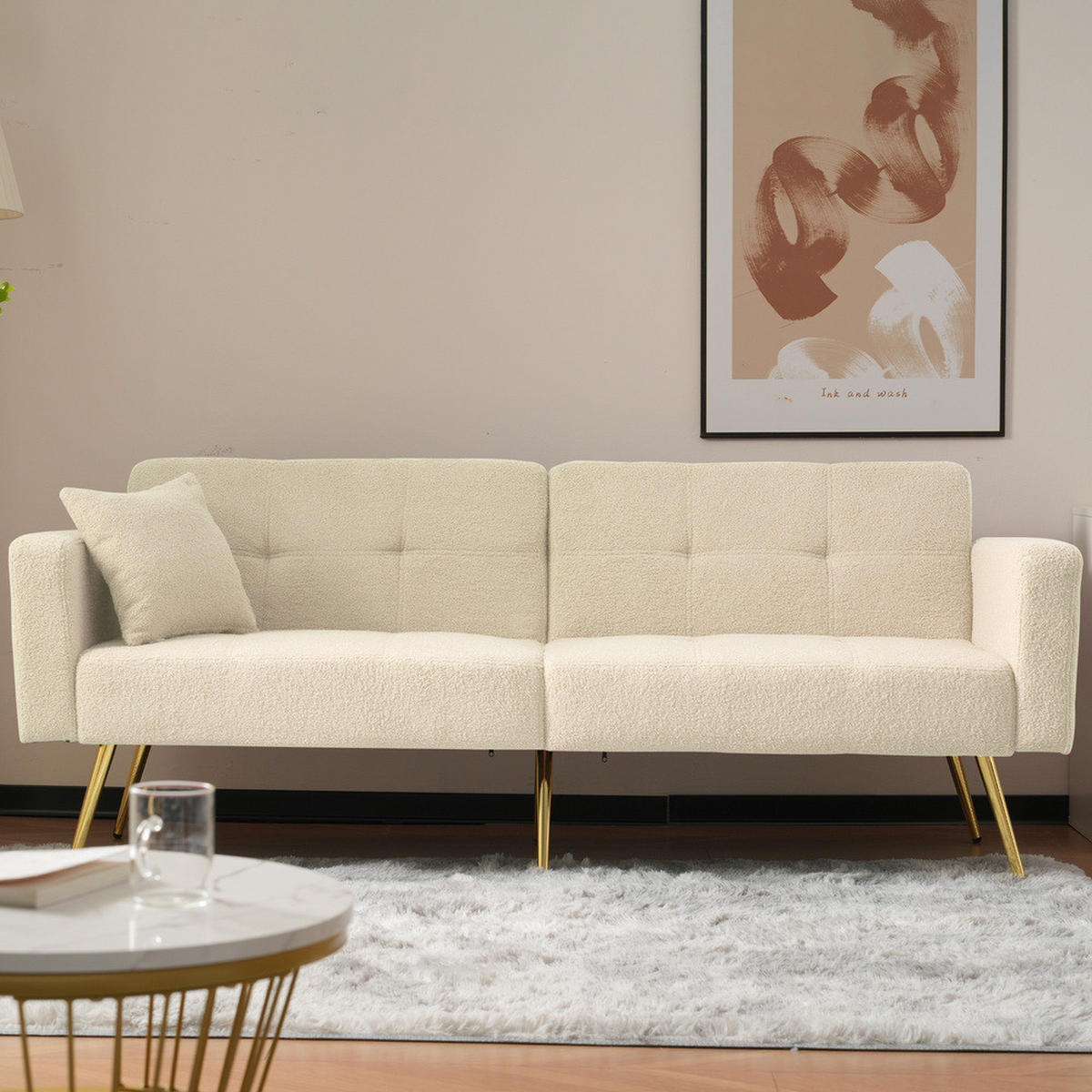 SOFA Schlaffunktion Verstellbar Goldene Beine Aufbewahrungstaschen Kissen - Beige, Holz (90.93/18.42/80.26cm) - FLIEKS
