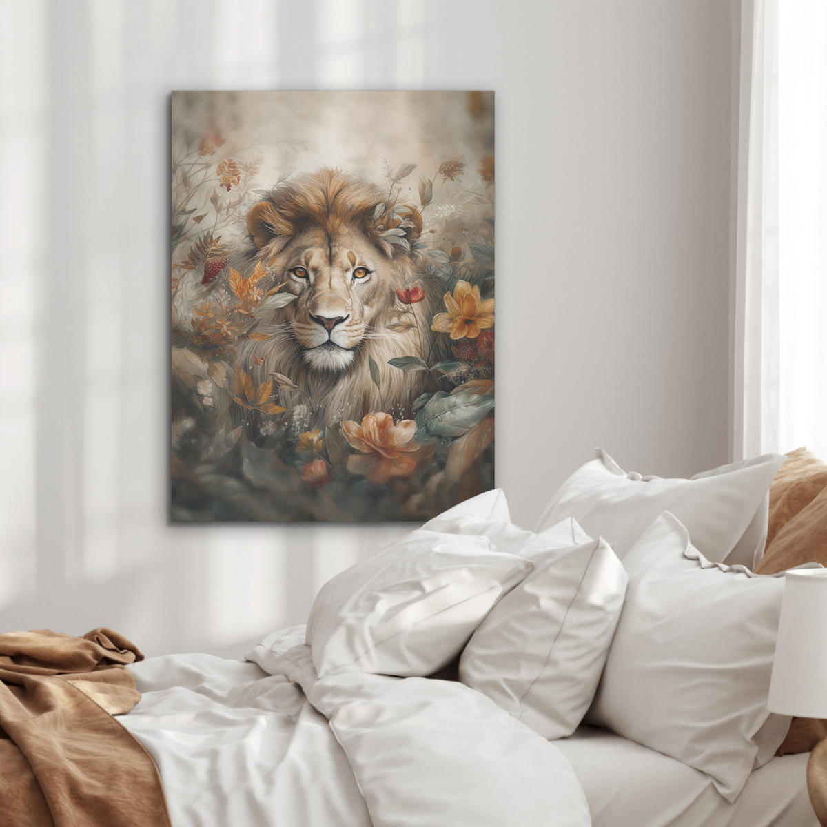 AKUSTIKPANEEL Löwe - Wildtiere - Pflanzen - Natur - Blumen 60x80 cm - Beige, Textil (60/0.9/80cm) - MuchoWow